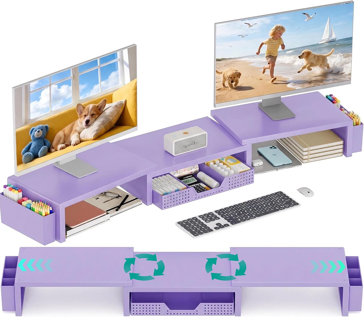 OPNICE Monitor Stand Riser with Drawer, 2 Magnetic Pen Holders, Purple