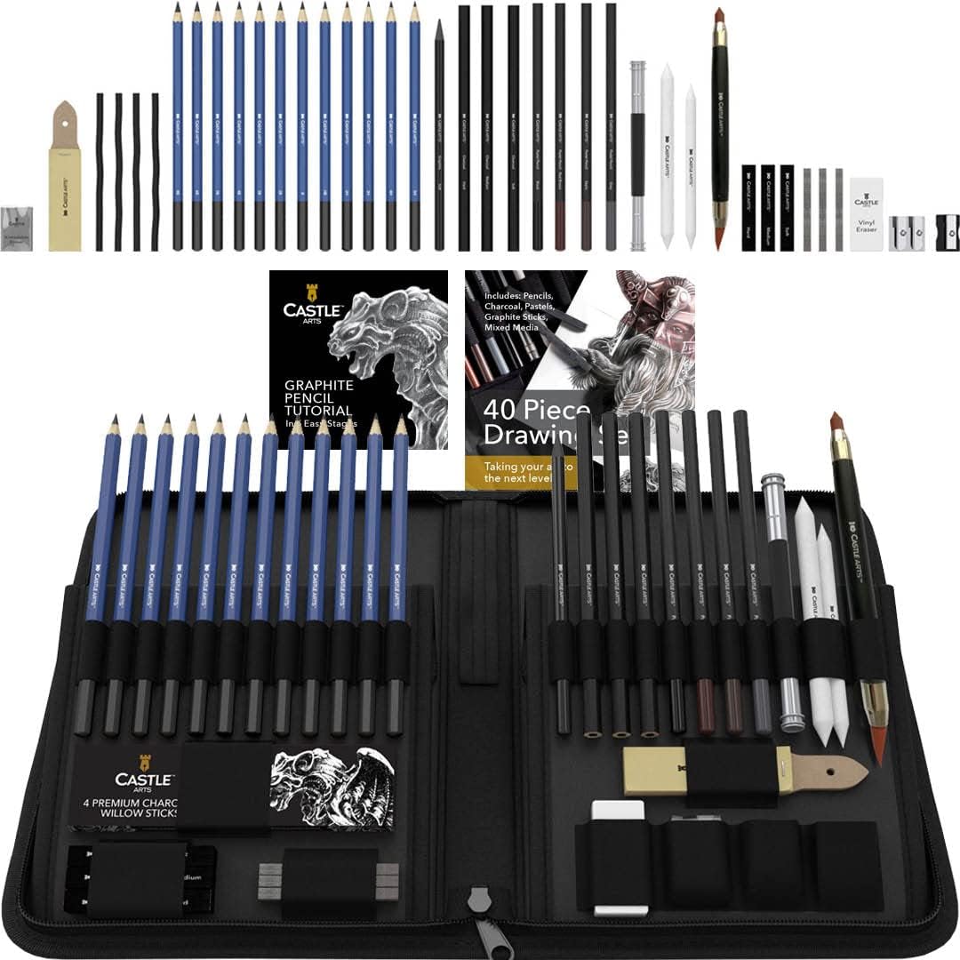 Castle Art Supplies 40-teiliges Zeichen- und Skizzier-Set mit Anleitung im Reißverschlussetui