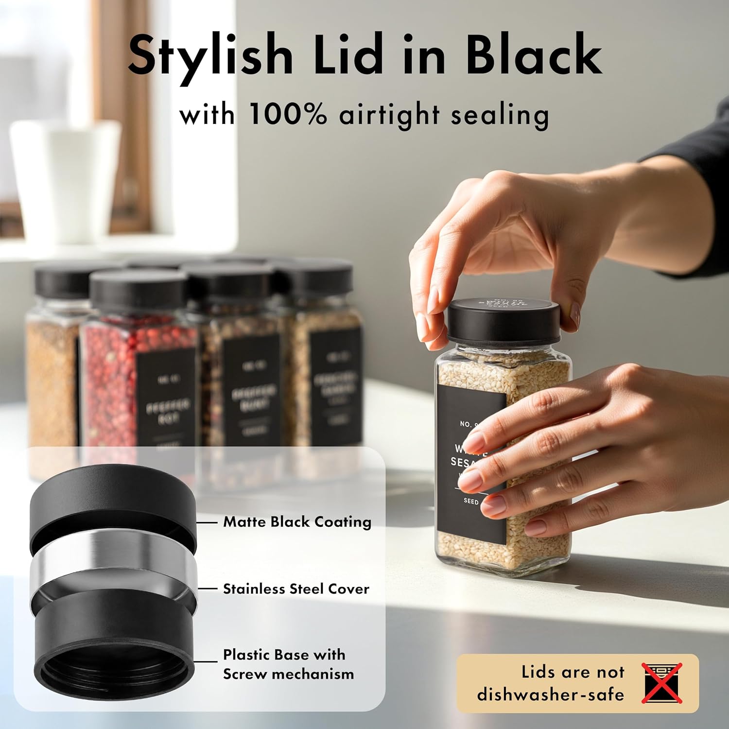 Thumbnail 5 de EDELHAUS Glass Spice Jars with Label and Black Lids (24 x 4oz) – Airtight, labeled, and space-saving