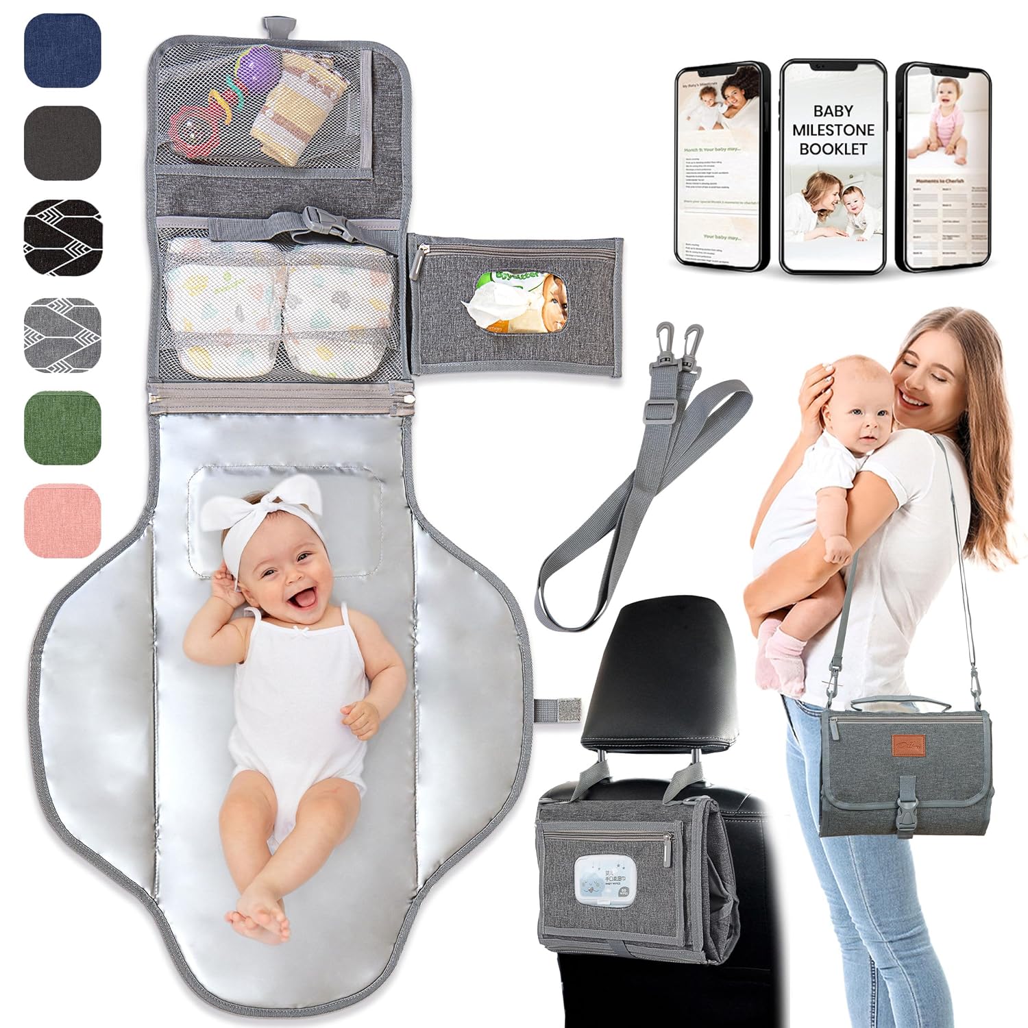 Detalle de PILLANI Portable Baby Changing Pad, Waterproof, Foldable with Wipes Holder