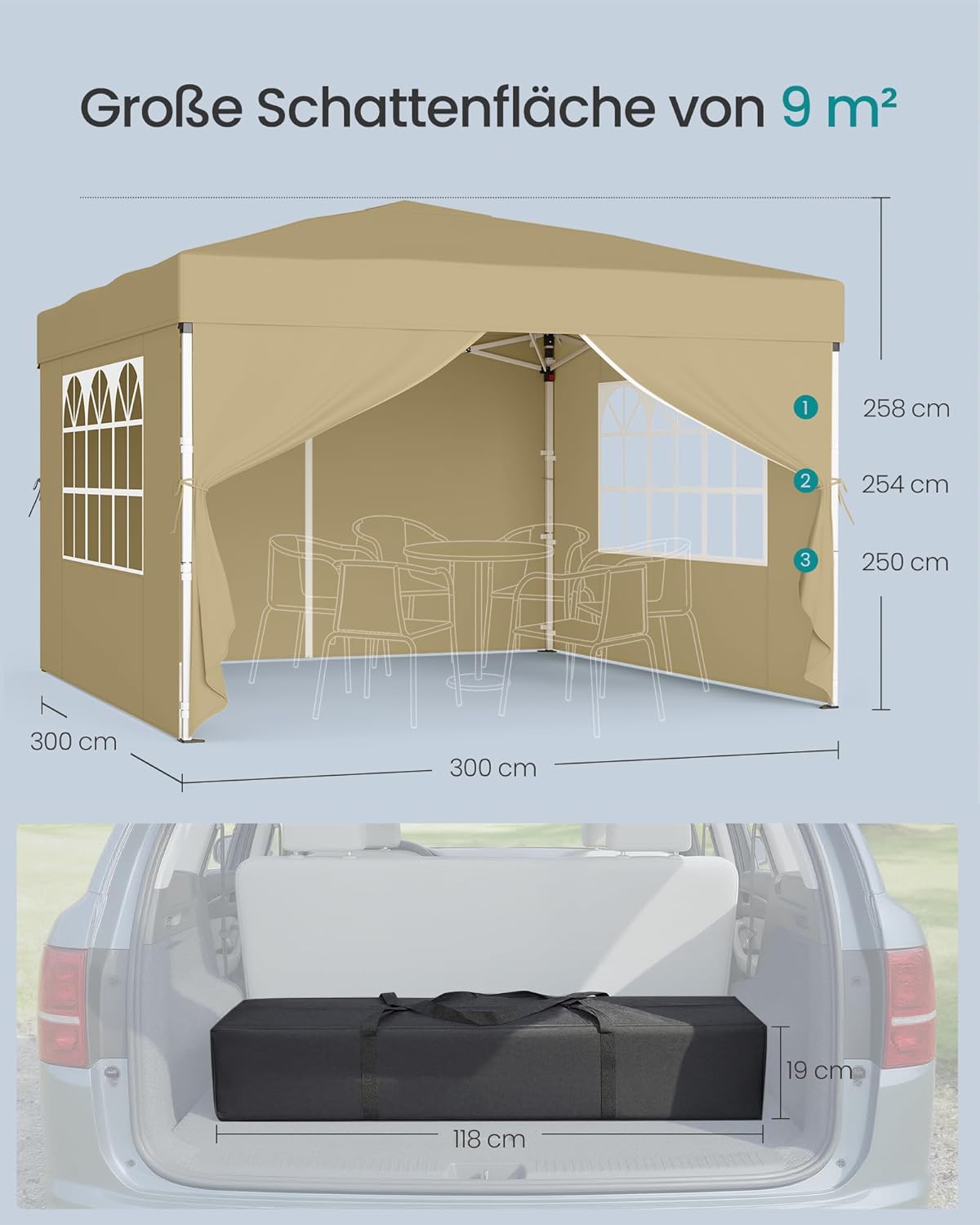 Detalle de SONGMICS Pavillon 3 x 3 m mit Seitenwänden – Faltpavillon für Garten, Hof und Markt (Beige) GCT104LZ01