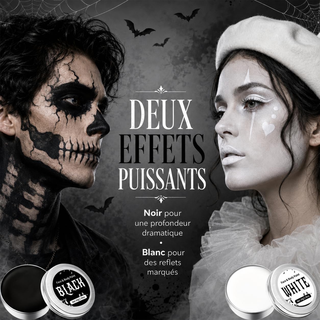 Detalle de SPINNE LUCAS Halloween-gezichtsmake-up, zwart-witte crème van 60 g met 2 kwasten