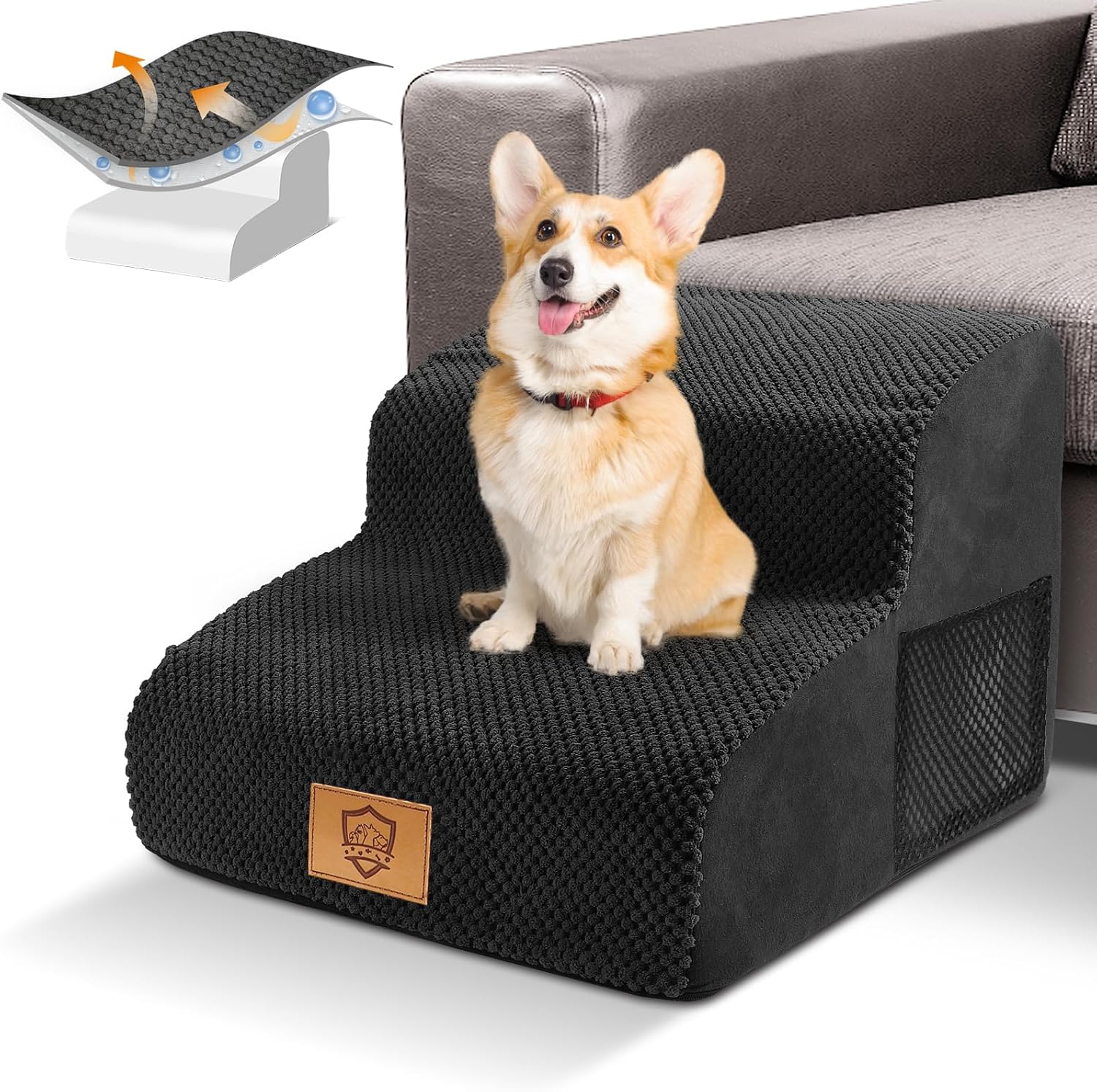 Detalle de Thihome Hundetreppe mit 2 Stufen (40 x 40 x 30 cm), rutschfest, mit waschbarem Bezug und 30D-Schaum