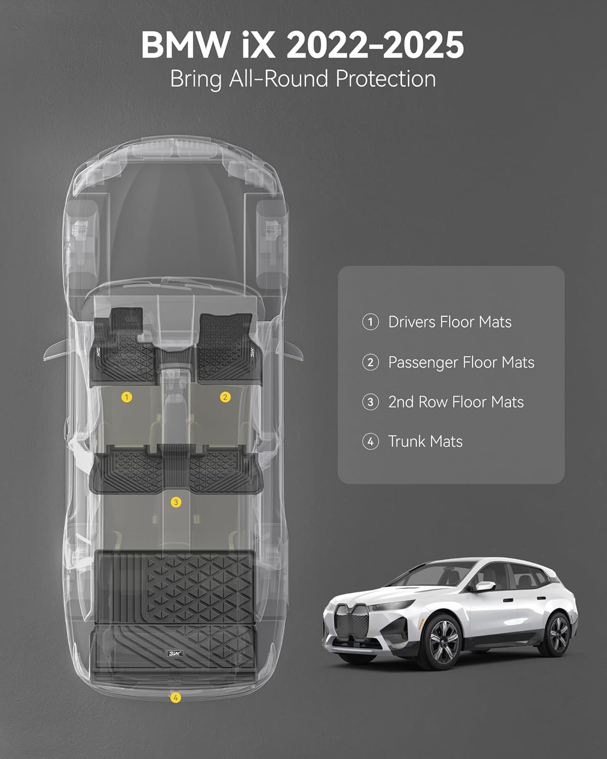 Thumbnail 2 de 3W BMW iX Floor Mats & Cargo Liner (2022–2025) xDrive45/50/60 All-Weather TPE Custom Fit Set