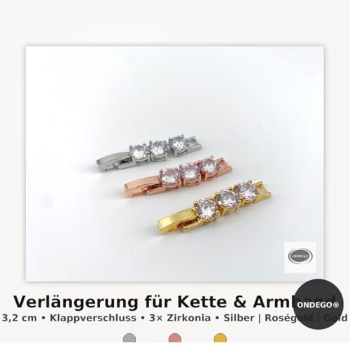 Thumbnail 6 de ONDEGO Schmuck Verlängerung Klappverschluss mit Zirkonia – 3,2 cm, Zwischenstück für Armband & Halskette, Silber Roségold Gold
