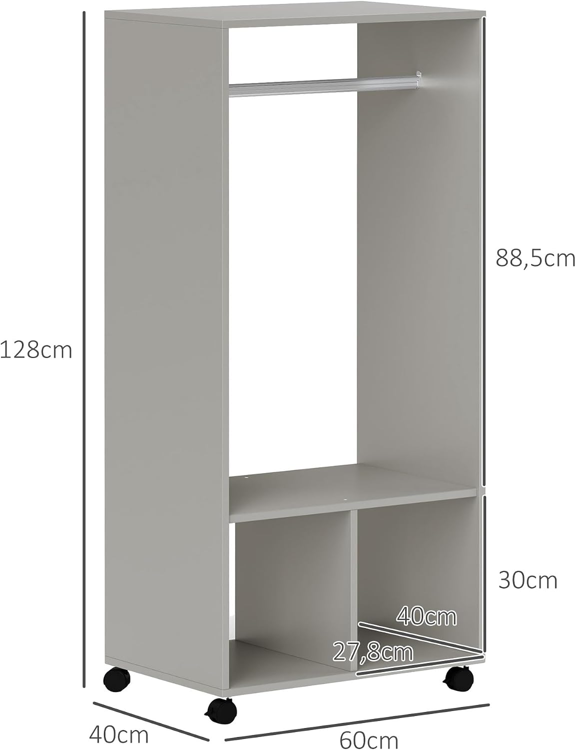 Detalle de HOMCOM Armoire penderie étagère 2 niches et 4 roulettes – Gris