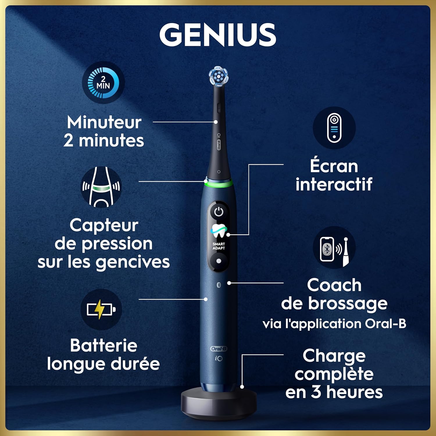 Detalle de Oral-B iO 9 Bleu Saphir – brosse à dents électrique connectée avec 7 modes et écran interactif
