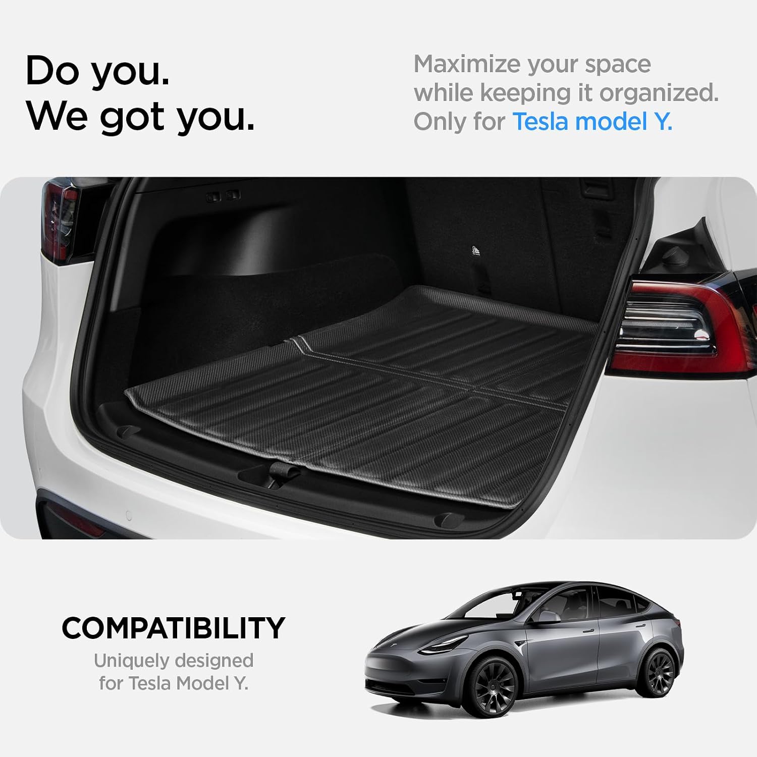 Detalle de Spigen Tesla Model Y (approx. 2024) Rear Trunk Mat / Cargo Liner in Carbon Edition