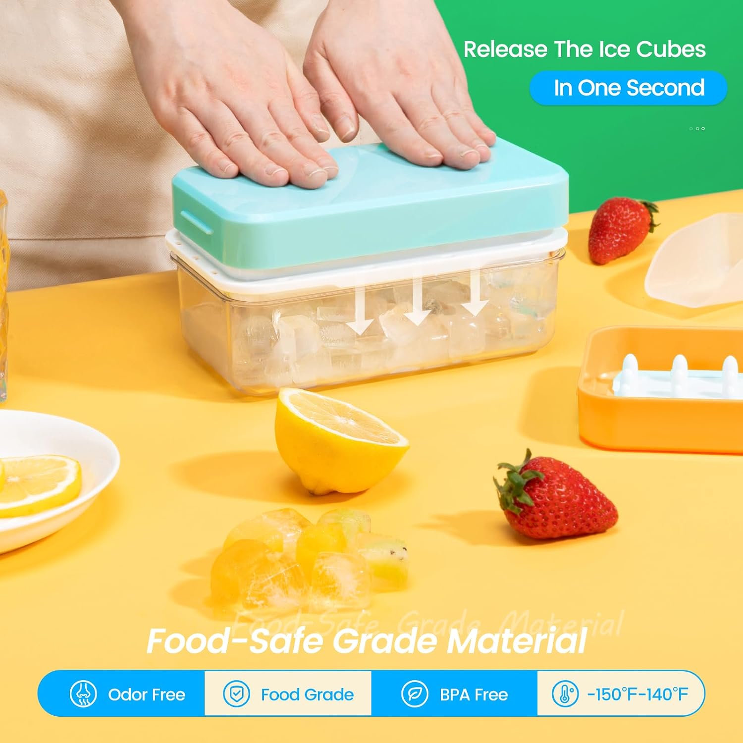 Detalle de PHINOX 28ICEBLU3 Ice Cube Tray Set, 84 Mini Cubes with Lid and Bin