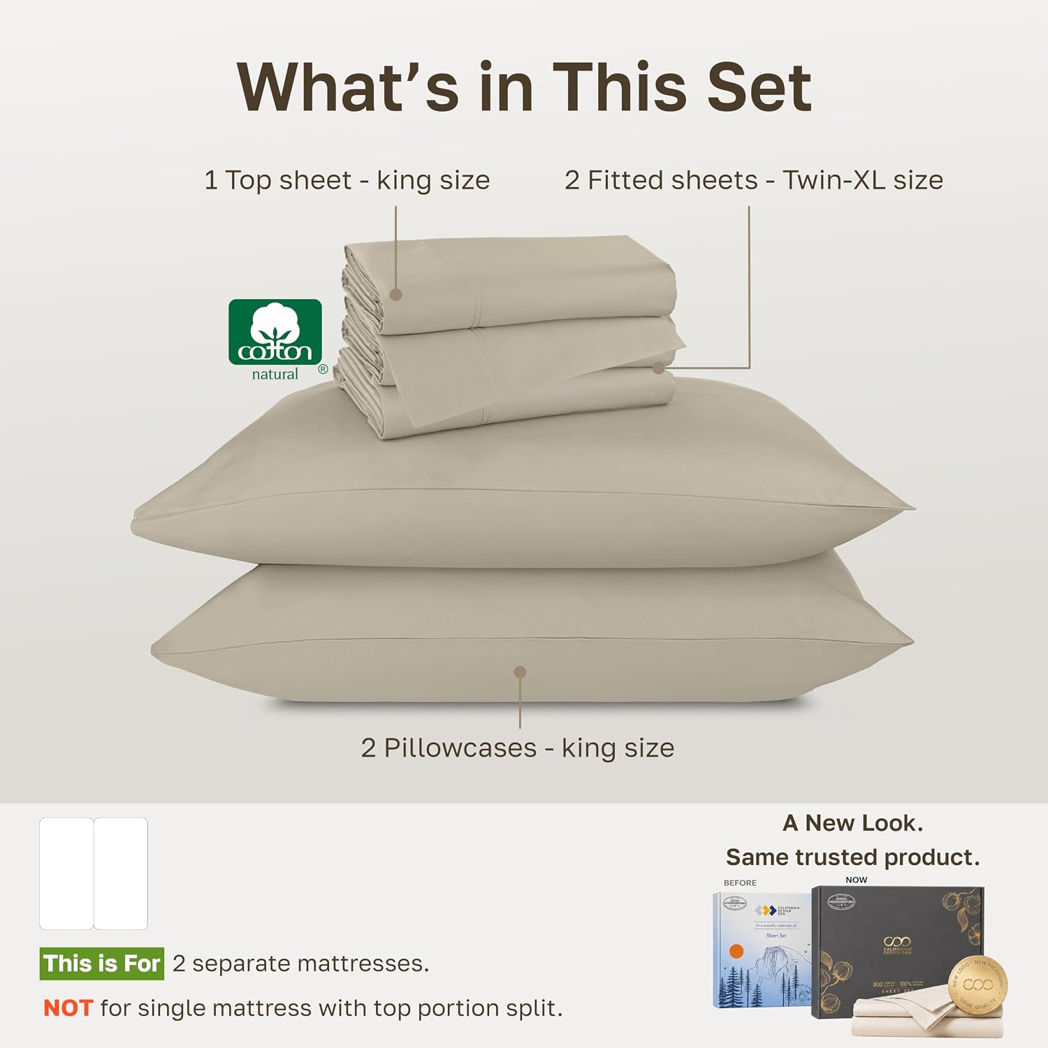 Detalle de California Design Den Split King Sheet Set (Luxury 800 Thread Count) in Beige