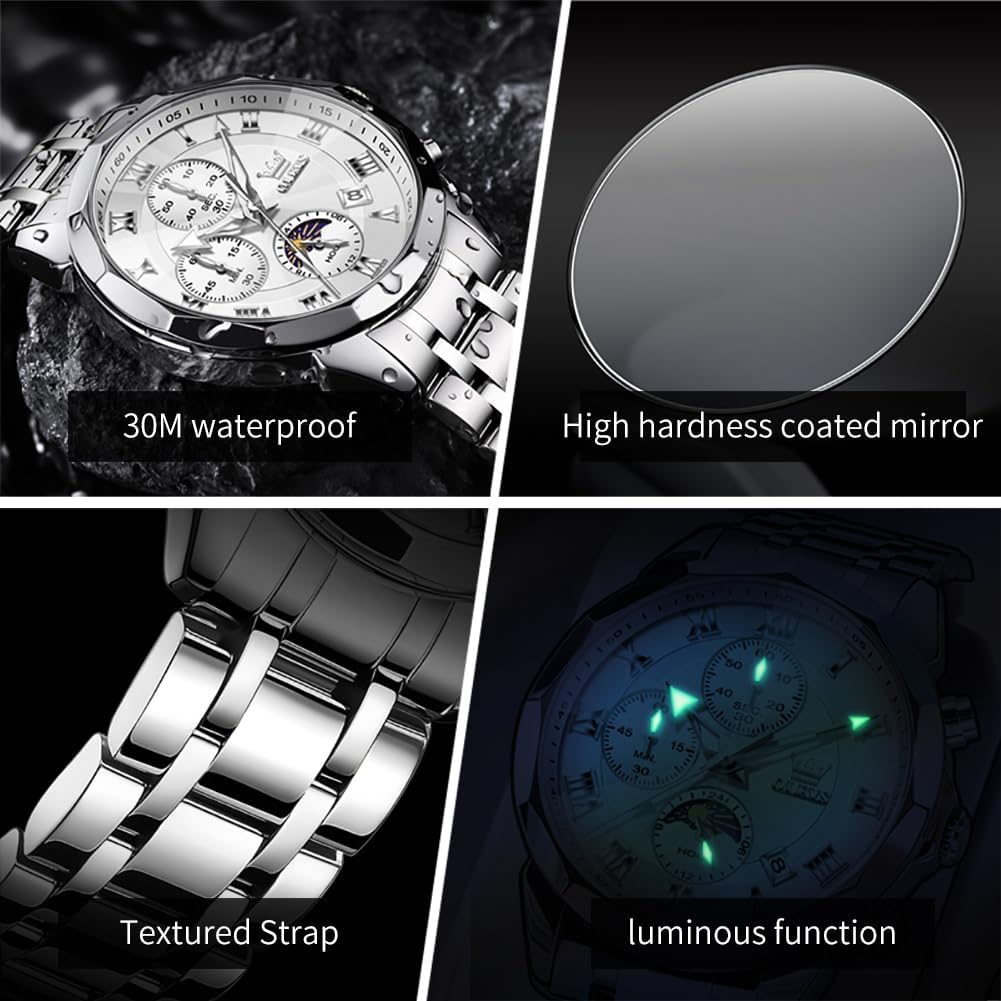 Thumbnail 5 de OLEVS Herren-Uhr Quarz Luxus Multifunktion Chronograph Mondphase Edelstahl