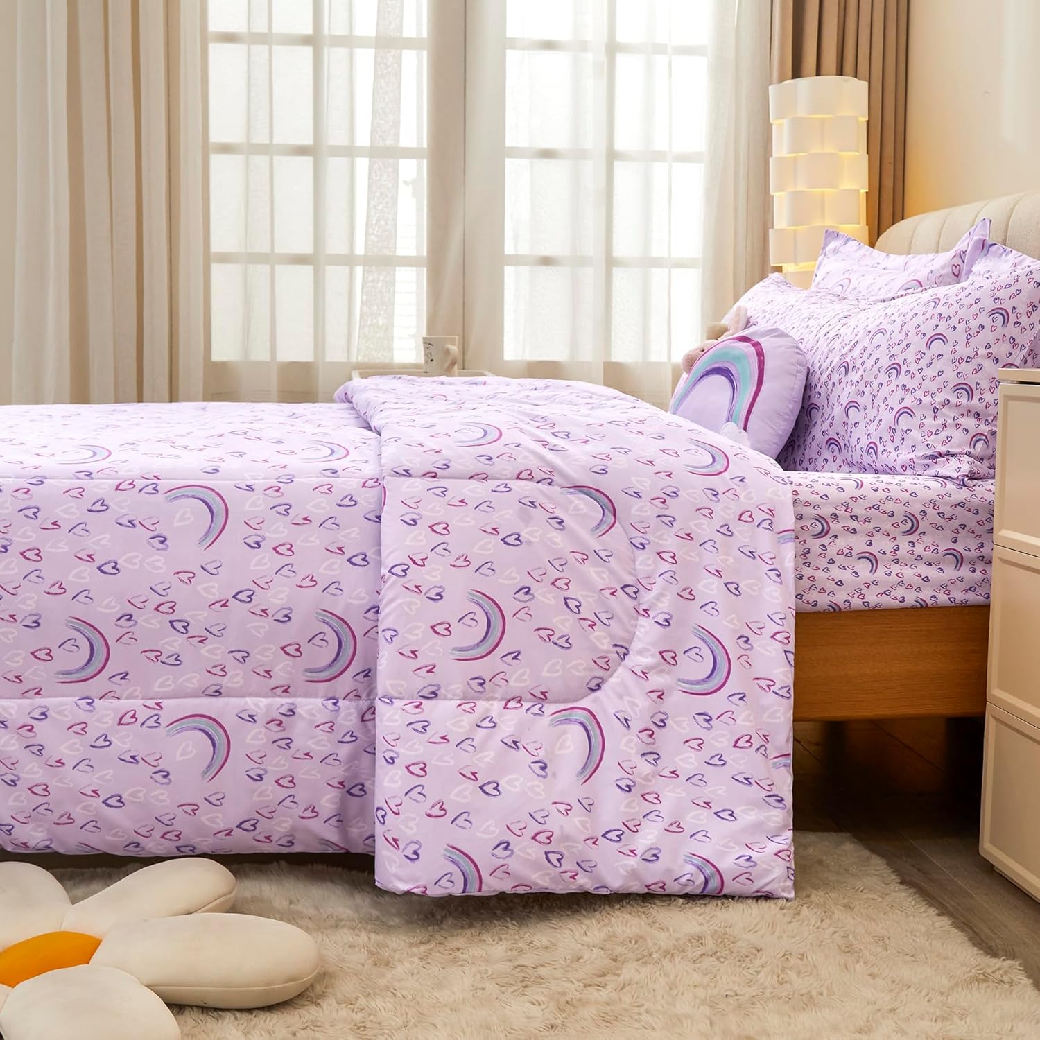 Detalle de Mooreeke Full Size 8-Piece Kids’ Comforter Set, Purple Rainbow Microfiber