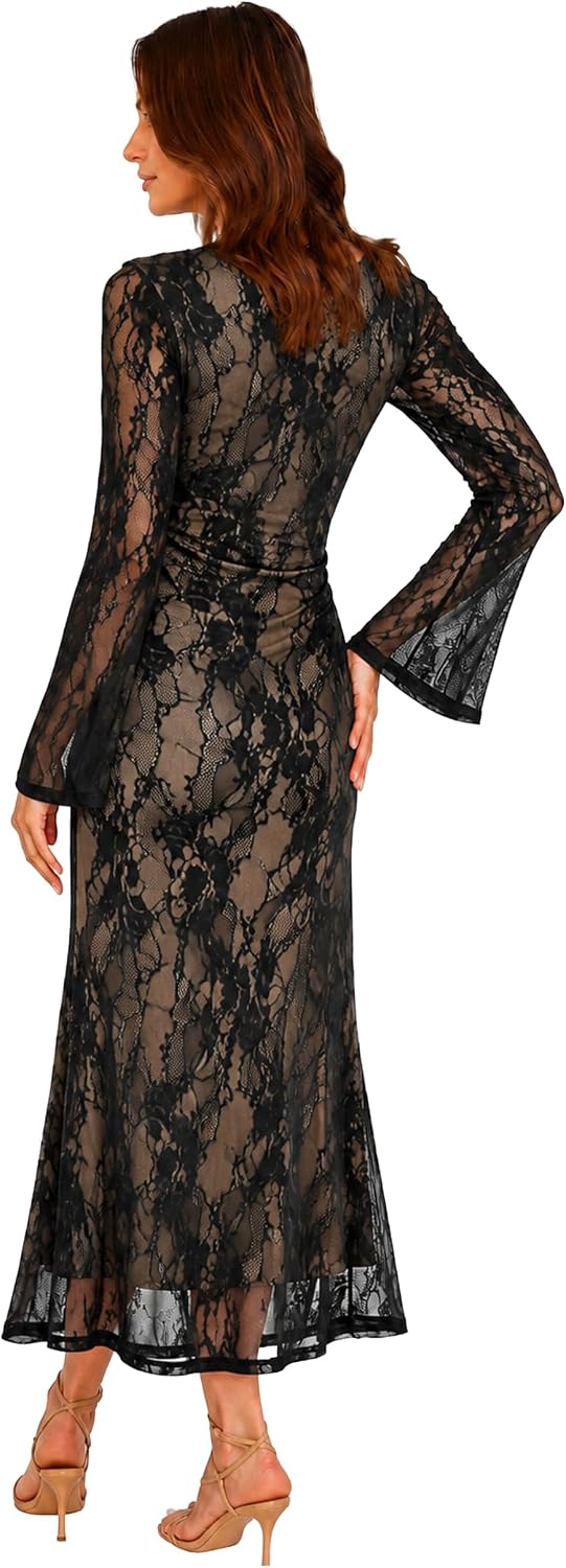 Detalle 1 de Sipaya Women's Bodycon Maxi Dress with Square Neck and Sheer Long Sleeves