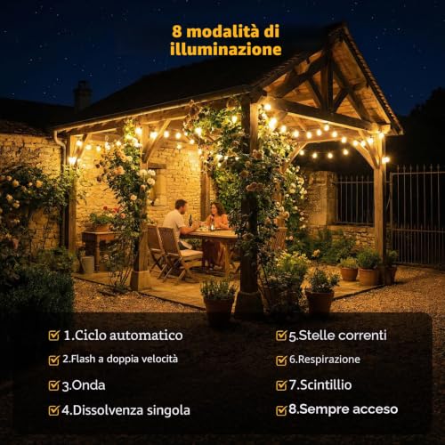 Detalle 2 de Hoteril Catena Luminosa Esterno Solare 15m 19+2 G40 IRIP 2200K – LED da Giardino con 8 Modalità, IP65 e USB Ricaricabile