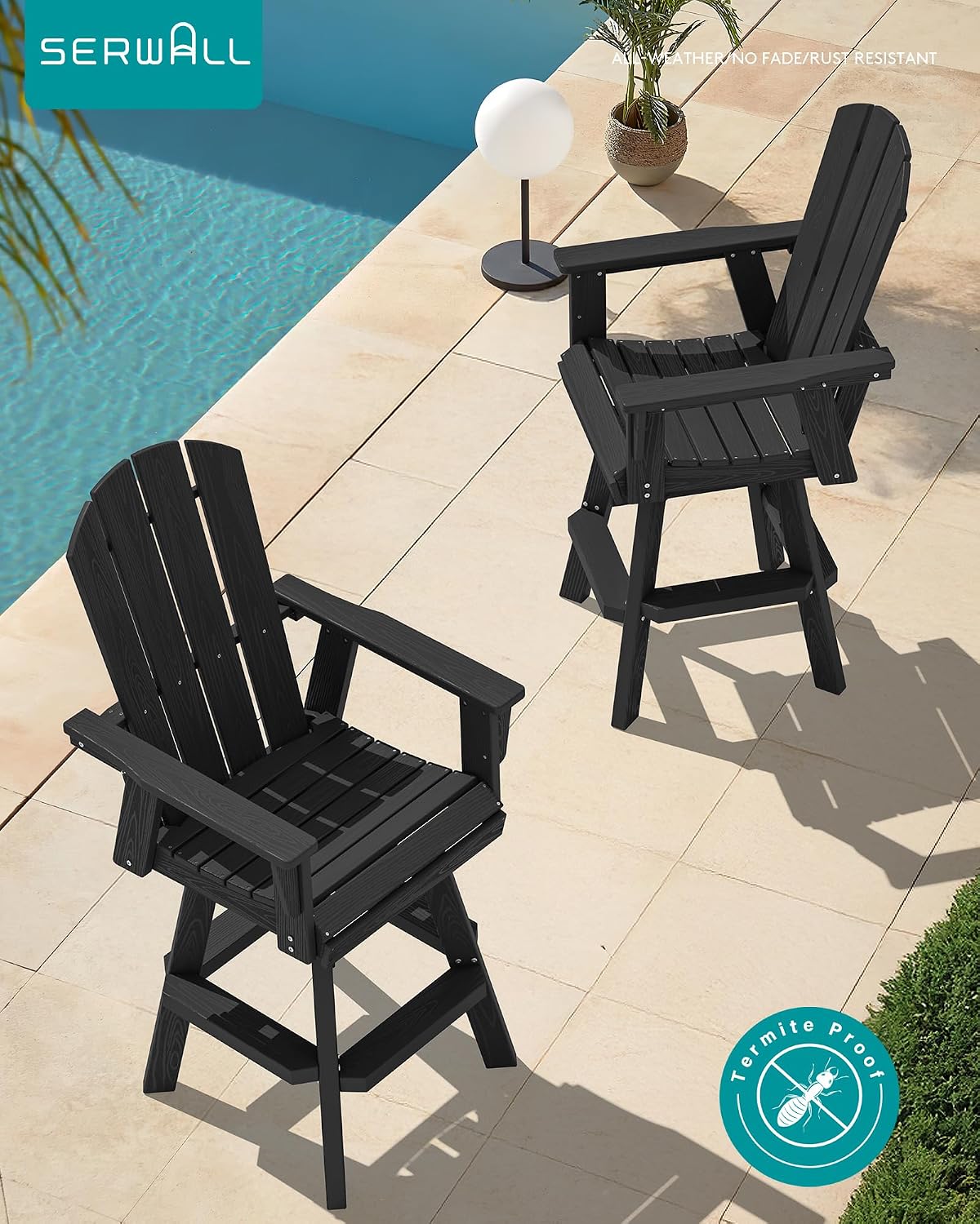 Thumbnail 6 de SERWALL A041-204 Swivel Adirondack Bar Chairs, Set of 2, Black HDPE