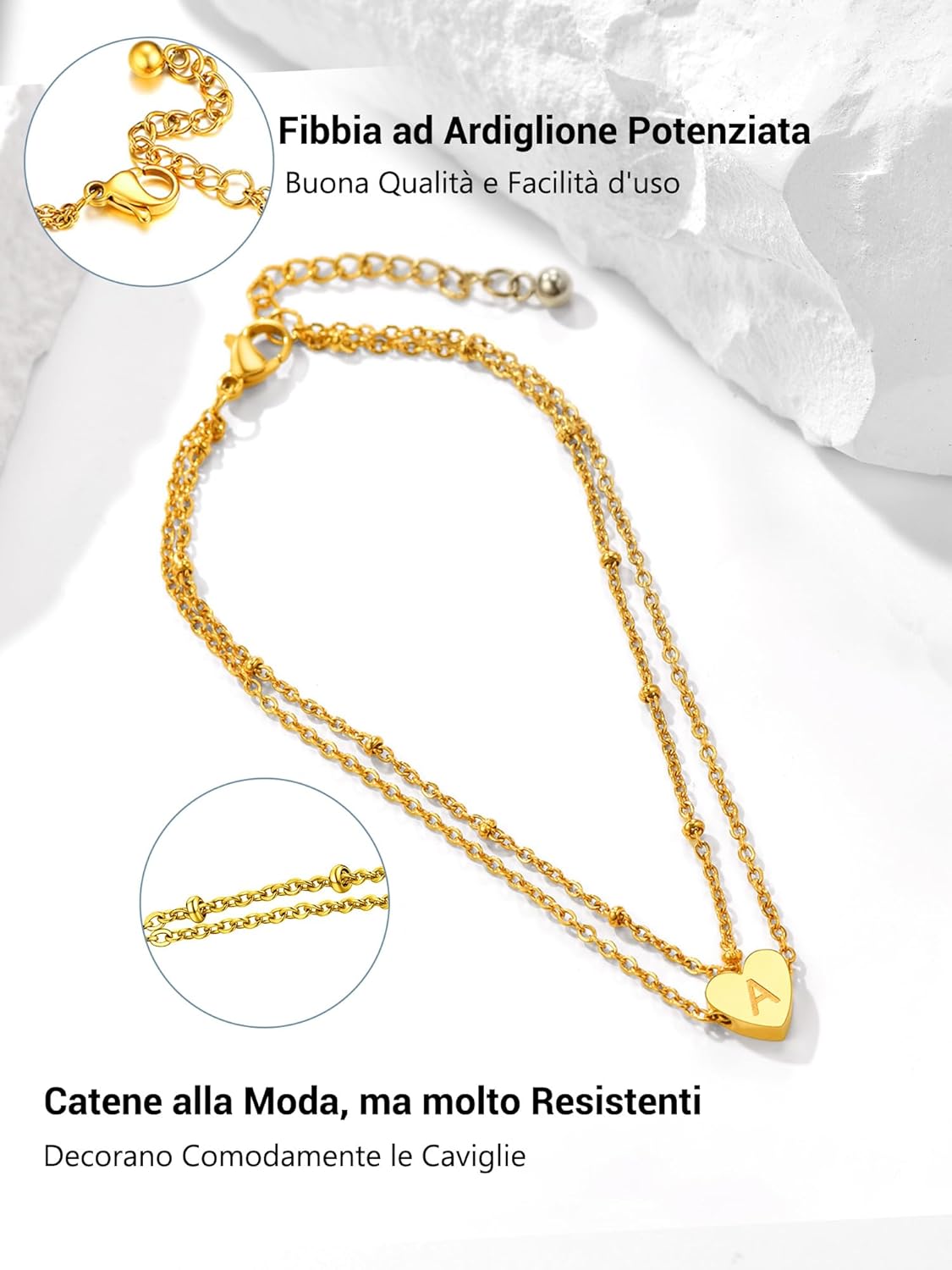 Thumbnail 2 de Cavigliera donna PROSTEEL a doppia catena con pendente cuore e iniziali A–Z in acciaio 316L placcato oro