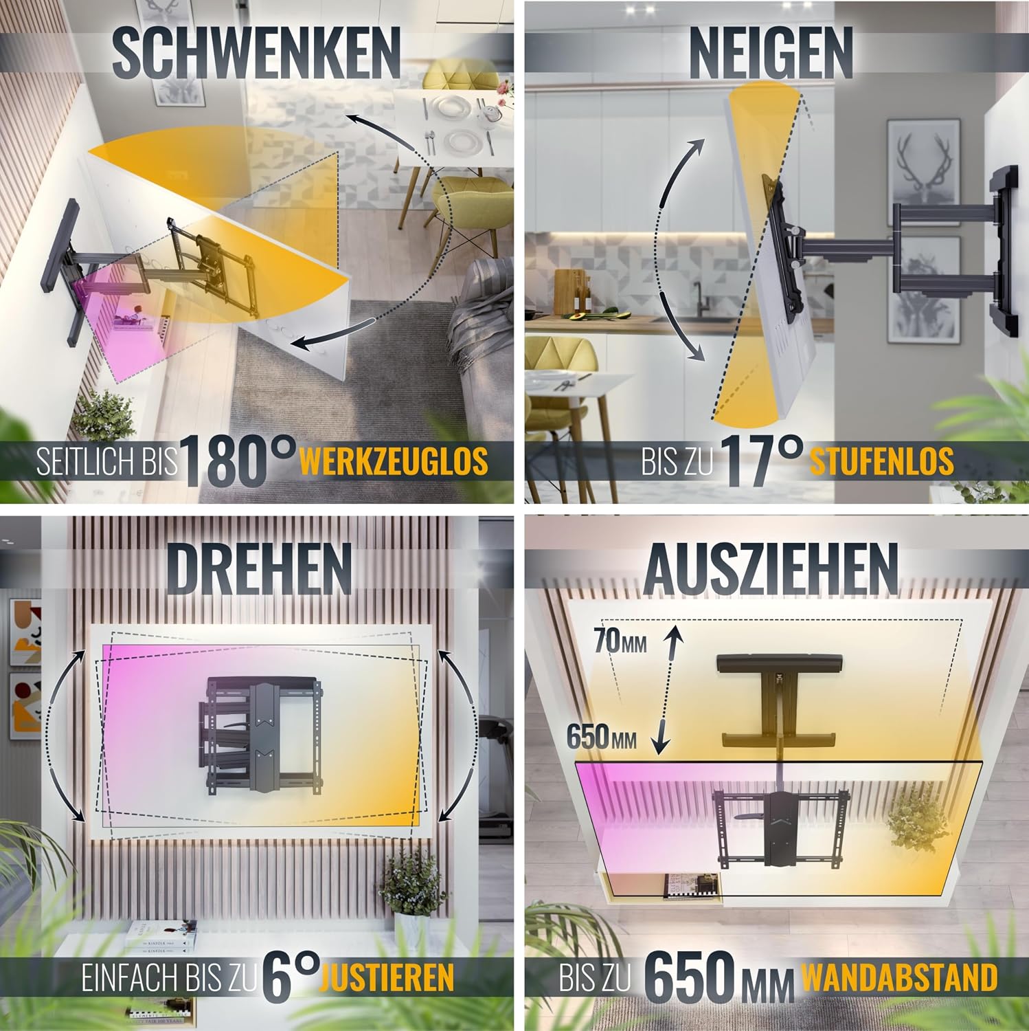 Detalle de RICOO TV Wandhalterung S5744-B – Schwenk- und Neigefunktion für 40–75 Zoll Fernseher, VESA 400x400