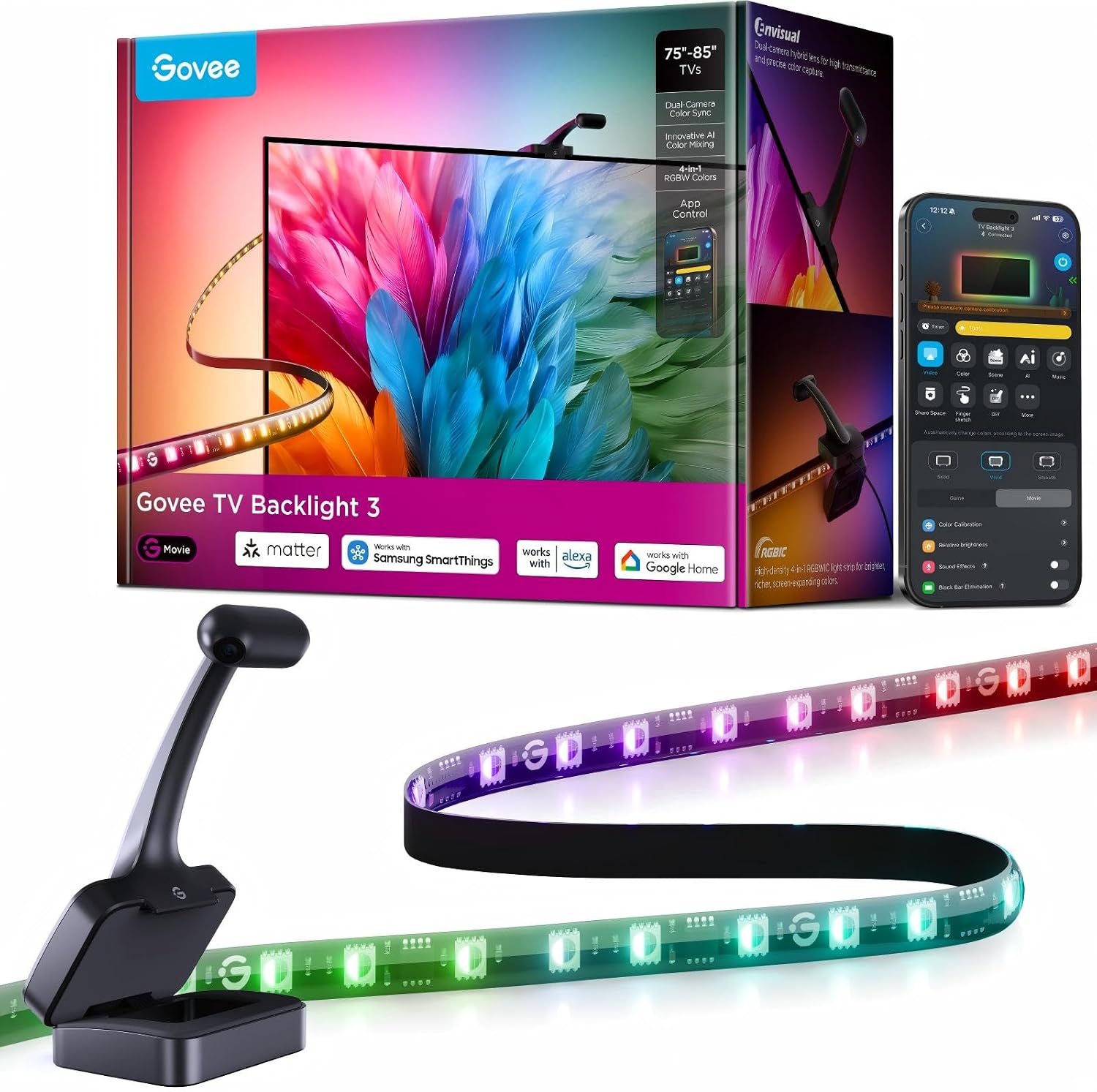 Detalle de Govee TV Hintergrundbeleuchtung 3 Dual-Kamera 5M – RGBWIC, 60 LEDs/m, 75–85 Zoll mit Matter-Unterstützung