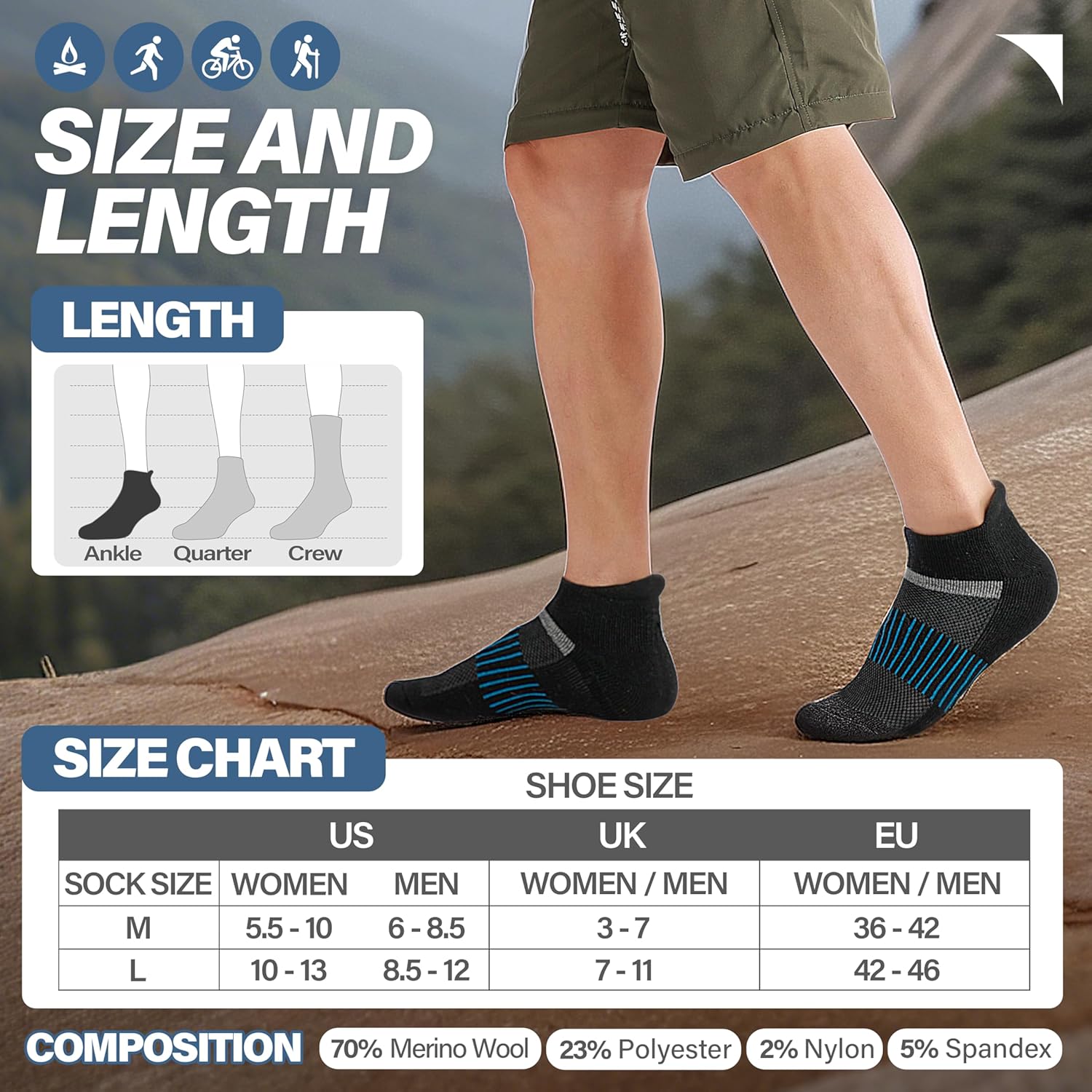 Detalle de 6 Pairs Merino Wool Ankle Running Hiking Socks with Compression Support