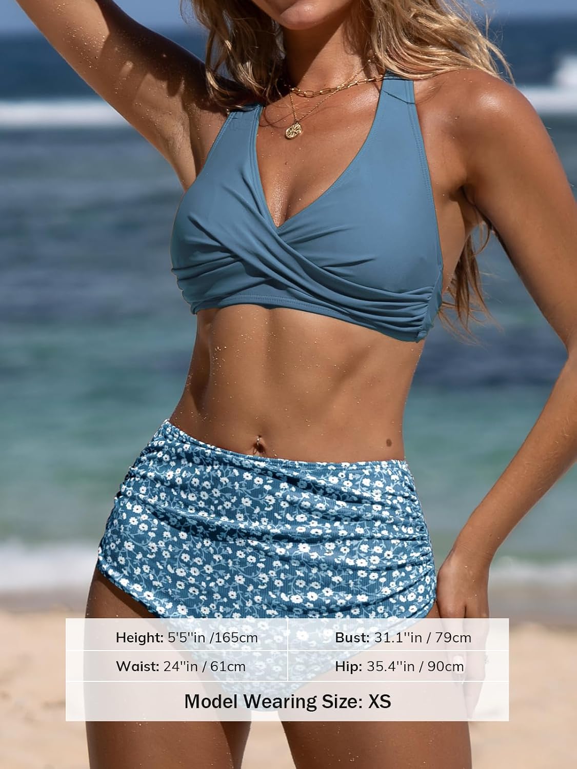 Thumbnail 4 de CUPSHE Damen Bikini Set V-Ausschnitt Neckholder Wickeloptik, High-Waist, Blumenmuster – Zweiteiliges Badeoutfit