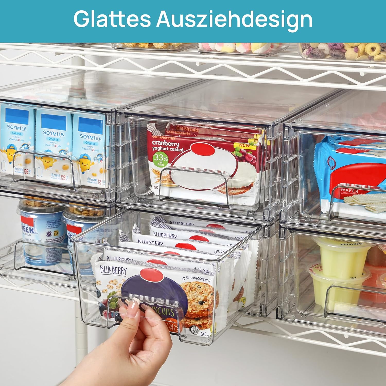 Detalle de Vtopmart 6 Stücke Transparente Schubladenboxen – Stapelbar, mit Trennwänden, ideal für Kühlschrank, Bad und Speisekammer