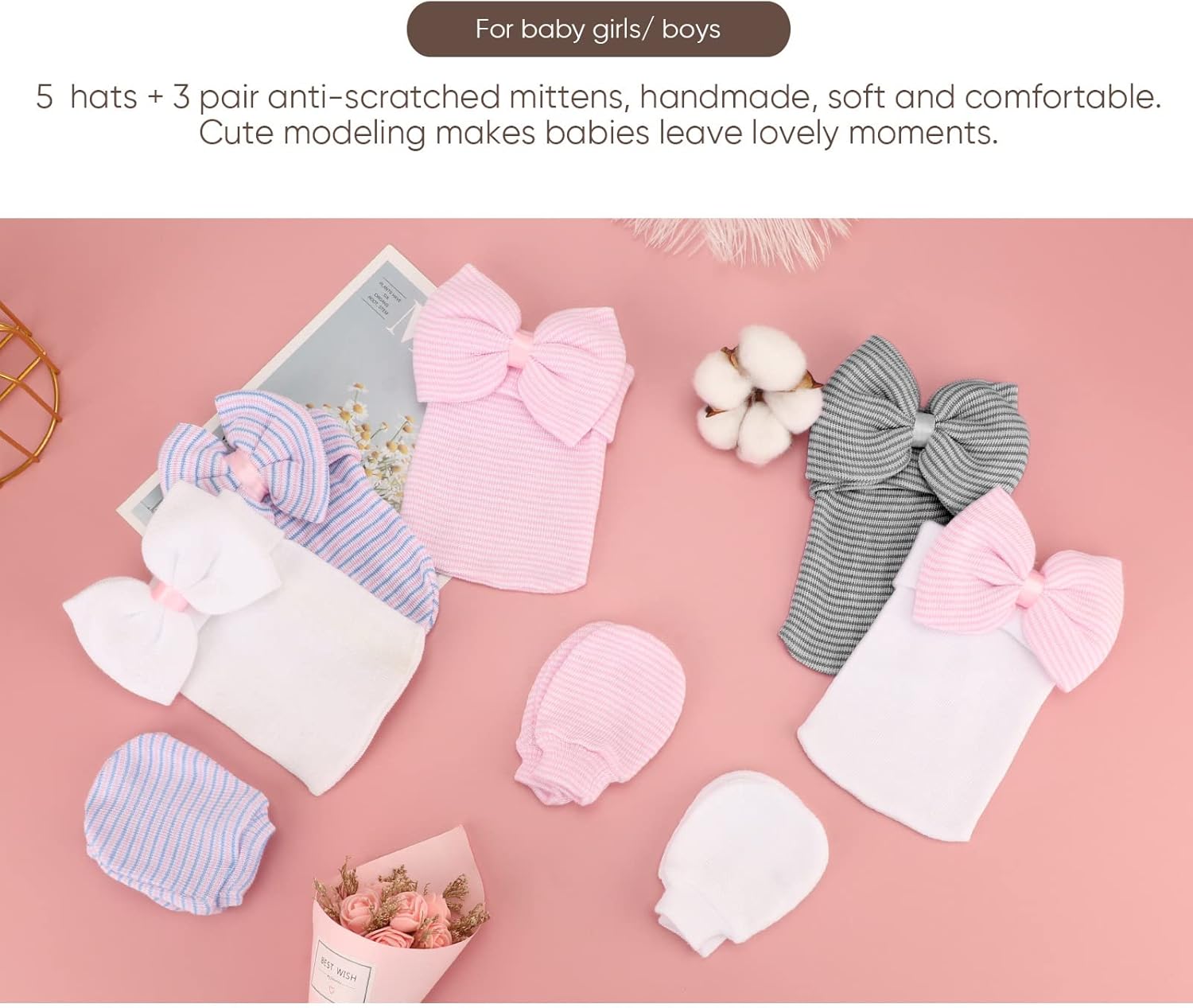 Thumbnail 5 de DRESHOW Newborn Hat and Mittens Set (5 Hats & 3 Pairs), 0–3 Months
