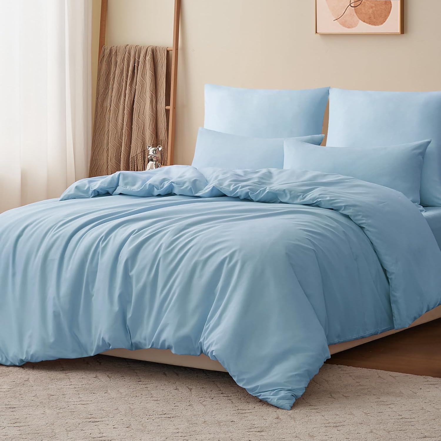 Detalle de RUIKASI Parure de lit 2 personnes 200x200 cm en microfibre bleue avec fermeture éclair (1 housse de couette + 2 taies 65x65)