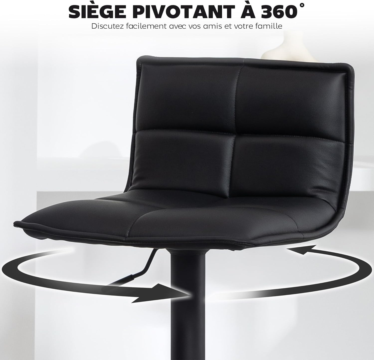 Detalle 1 de HOMCOM Lot de 2 tabourets de bar réglables avec assise pivotante en PU, dossier et repose-pieds (noir)