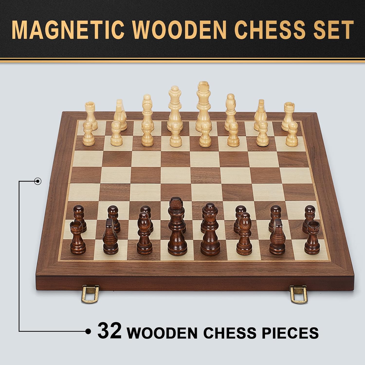 Detalle de Magnetic Wooden Chess Set: 15" Folding Travel Board with 2 Extra Queens