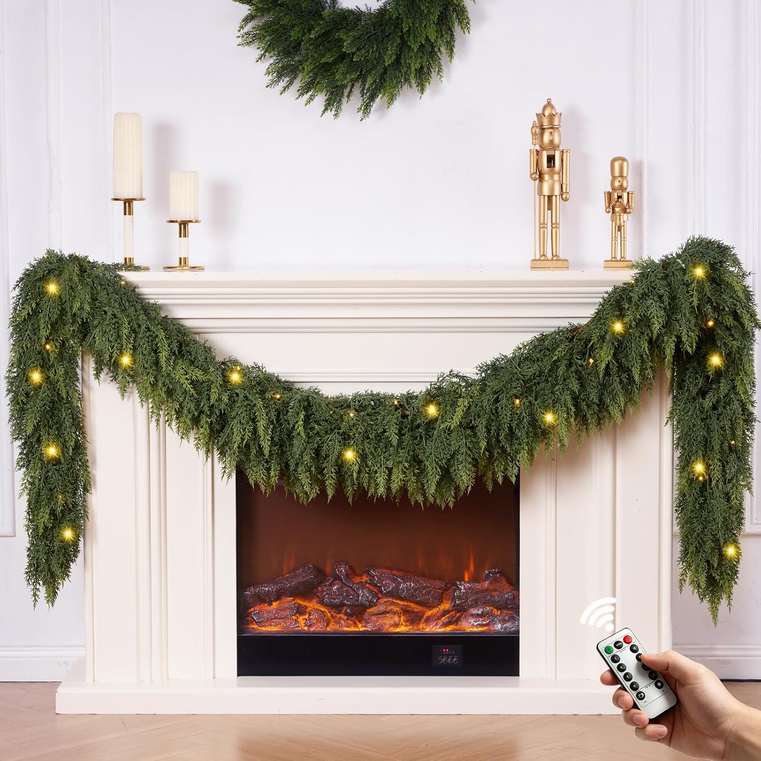 KIWDY DC-041 9-Foot Lighted Cedar Garland, 8 Modes, PE Foliage