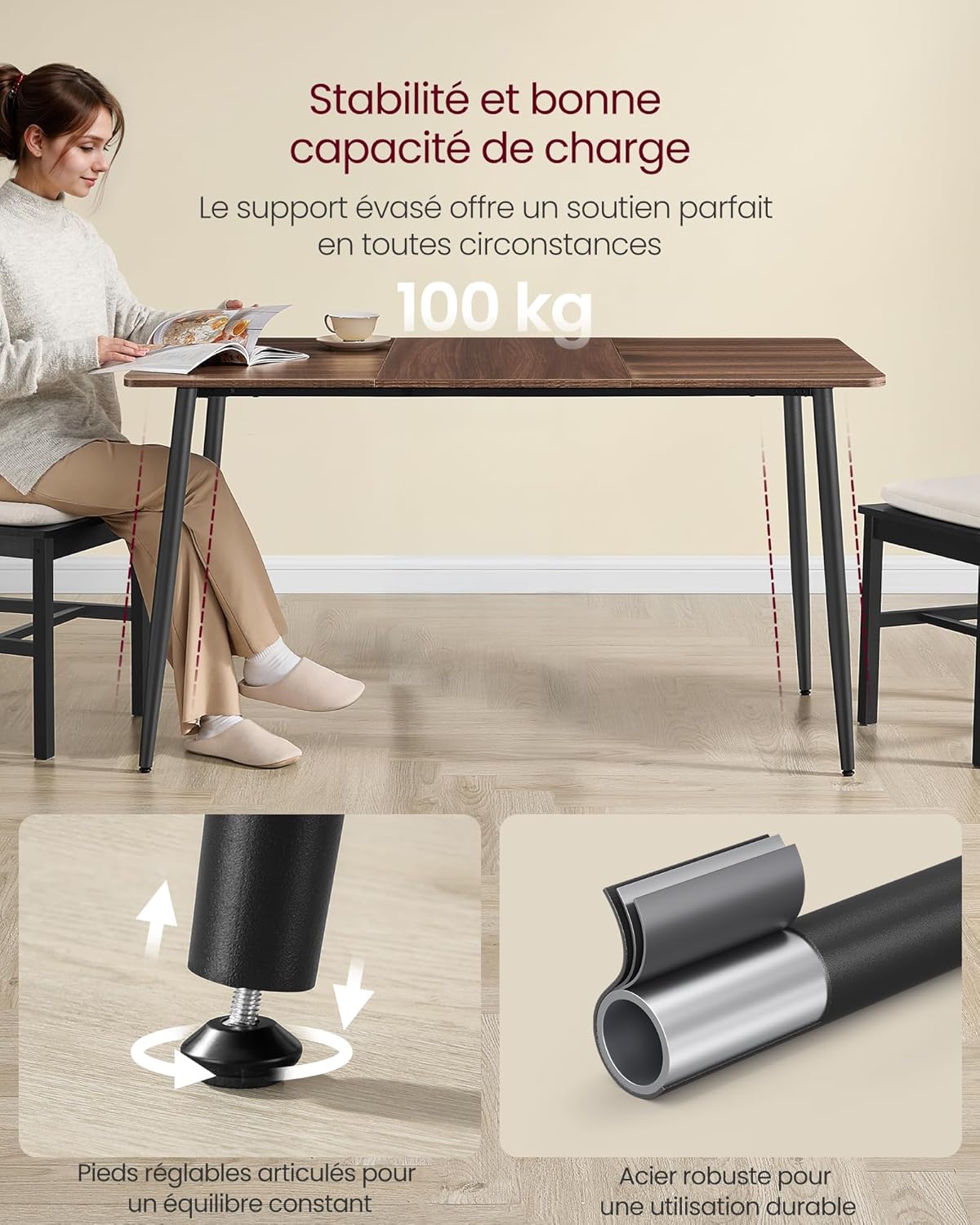 Thumbnail 5 de VASAGLE Table de Cuisine 75 x 140 cm – Style Ferme Moderne (KDT100KE02V1) en Noyer Naturel et Noir d'encre