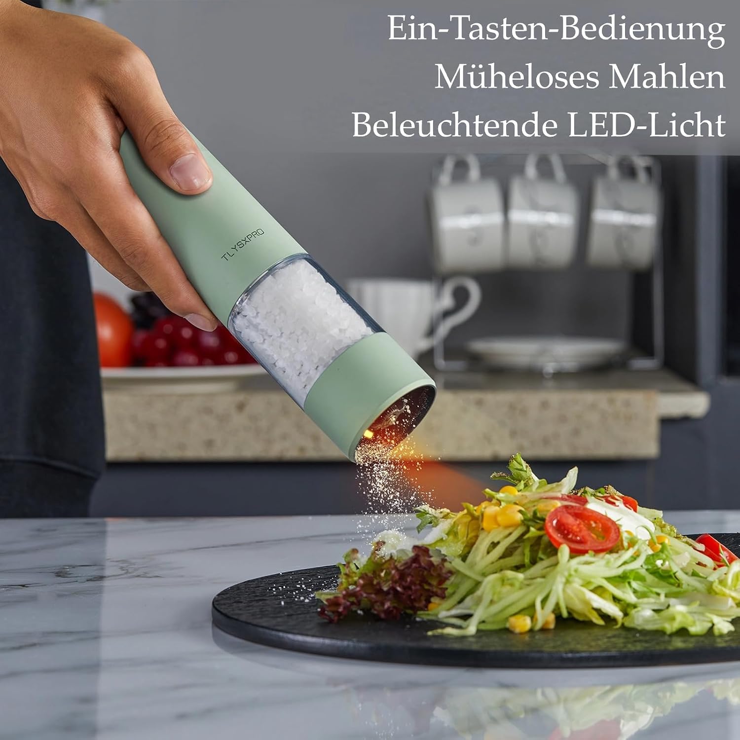 Detalle 2 de TLYSXPRO Elektrische Salz- und Pfeffermühle 2er-Set (USB wiederaufladbar, LED, einstellbare Grobheit) in Salbeigrün