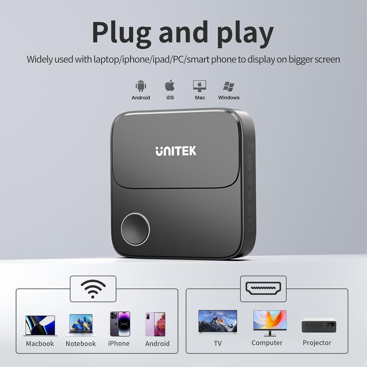 Detalle de UNITEK Adaptateur dongle d’affichage HDMI sans fil 4K double bande 2,4/5 GHz (récepteur TV pour mirroring)