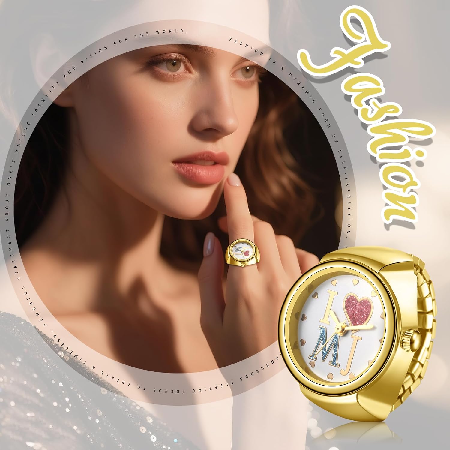 Detalle de JewelryWe Ringuhr Fingeruhr mit Elastischem Zugband – analoge Quarzuhr im Goldlook
