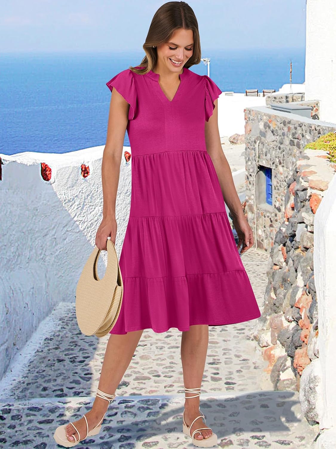 Detalle de ANRABESS Women's Summer Dress with Ruffle Sleeves – V-Neck Midi Boho Floral/Solid