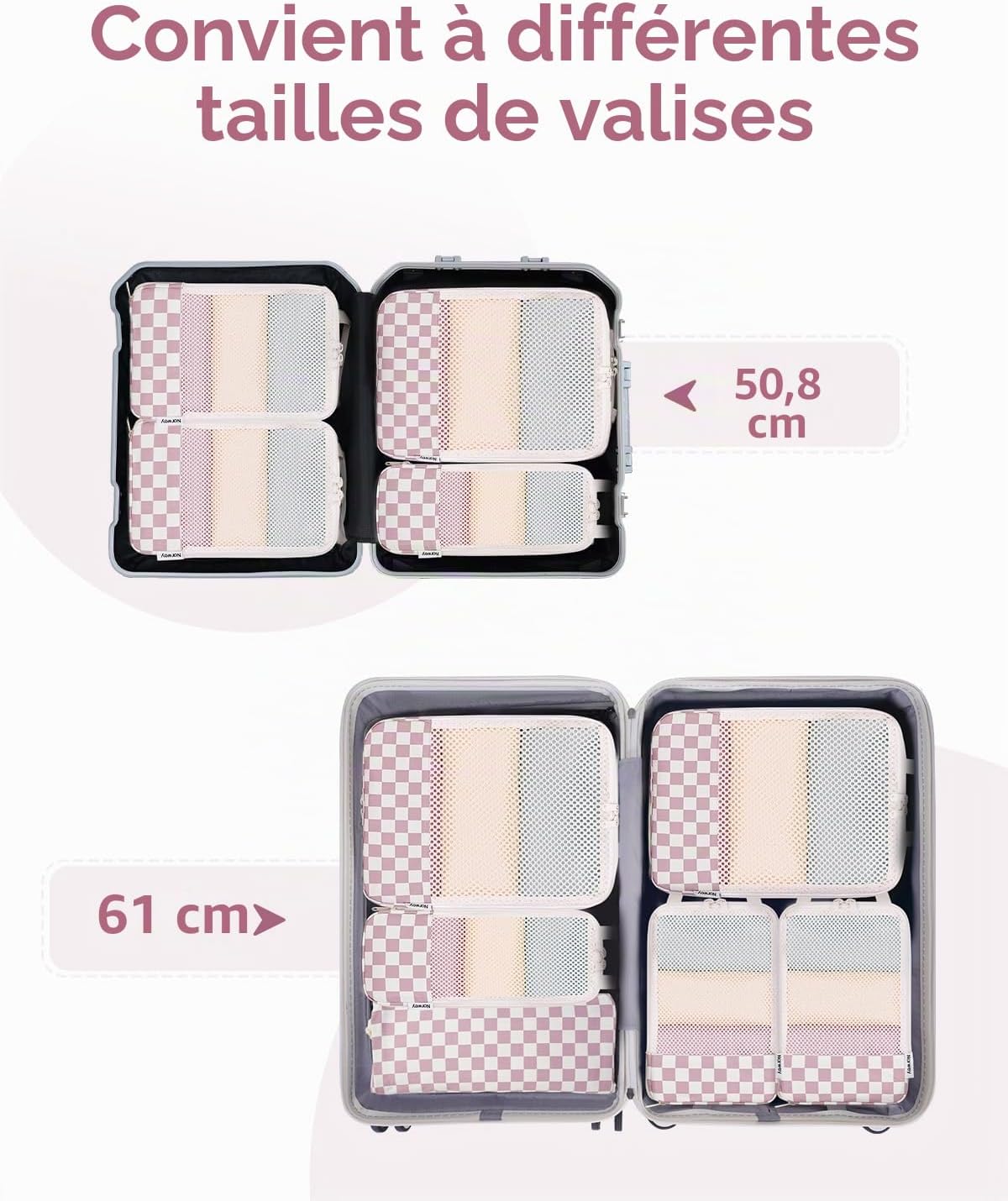 Detalle de Narwey set van 6 compressiekubussen in polyester met roze dambordpatroon