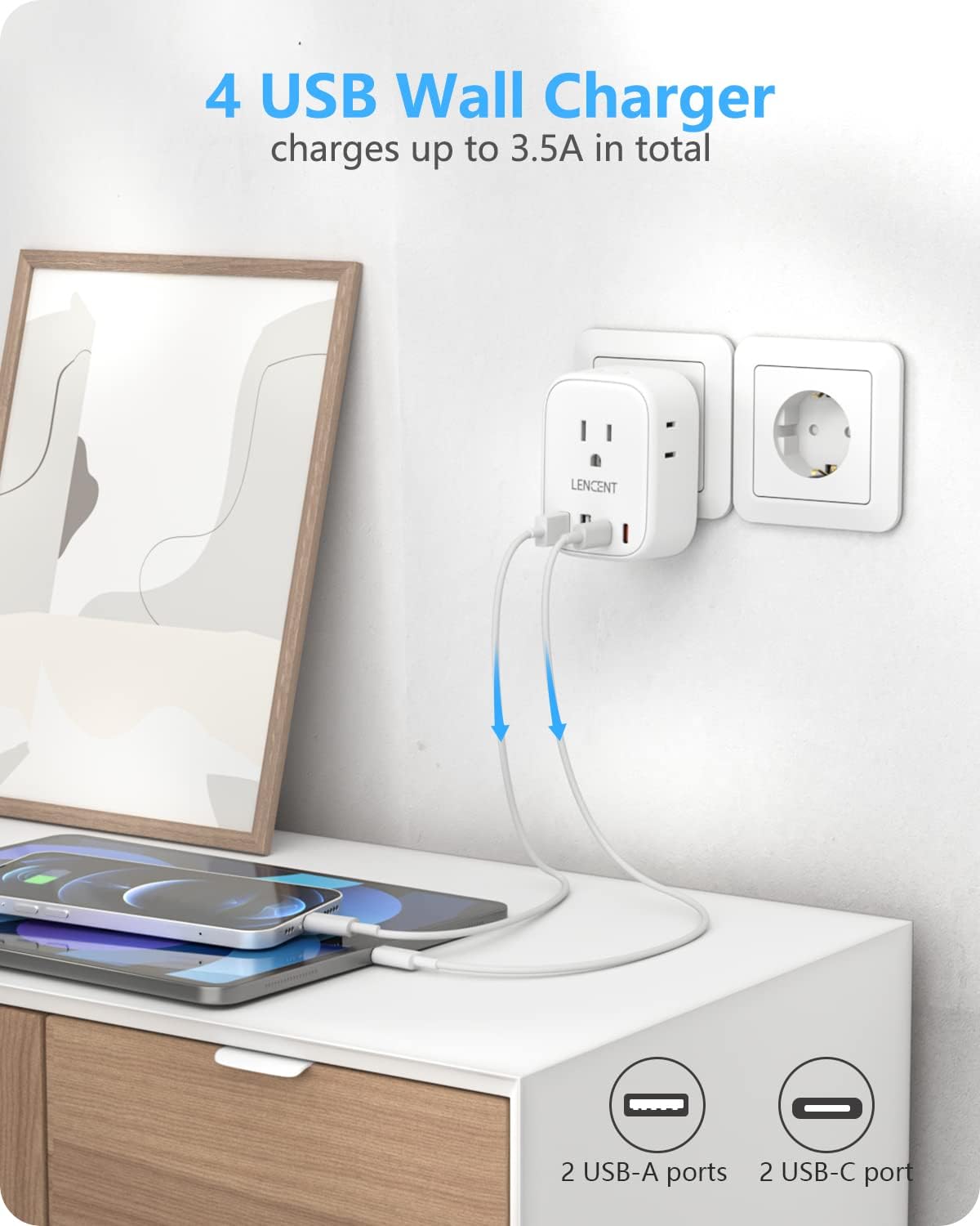 Detalle 1 de LENCENT European Travel Plug Adapter with 4 USB Ports