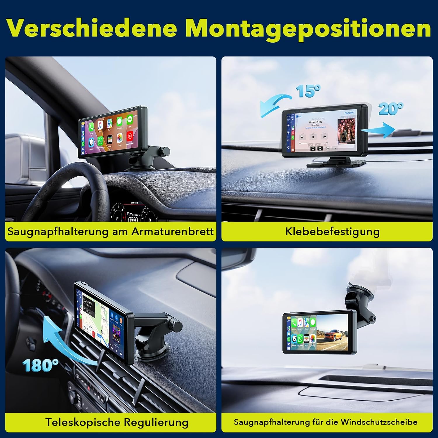 Detalle de LAMTTO Wireless Carplay Display mit Dashcam 2.5K – 6,86 Zoll | CarPlay & Android Auto, Tragbares Navi-Display
