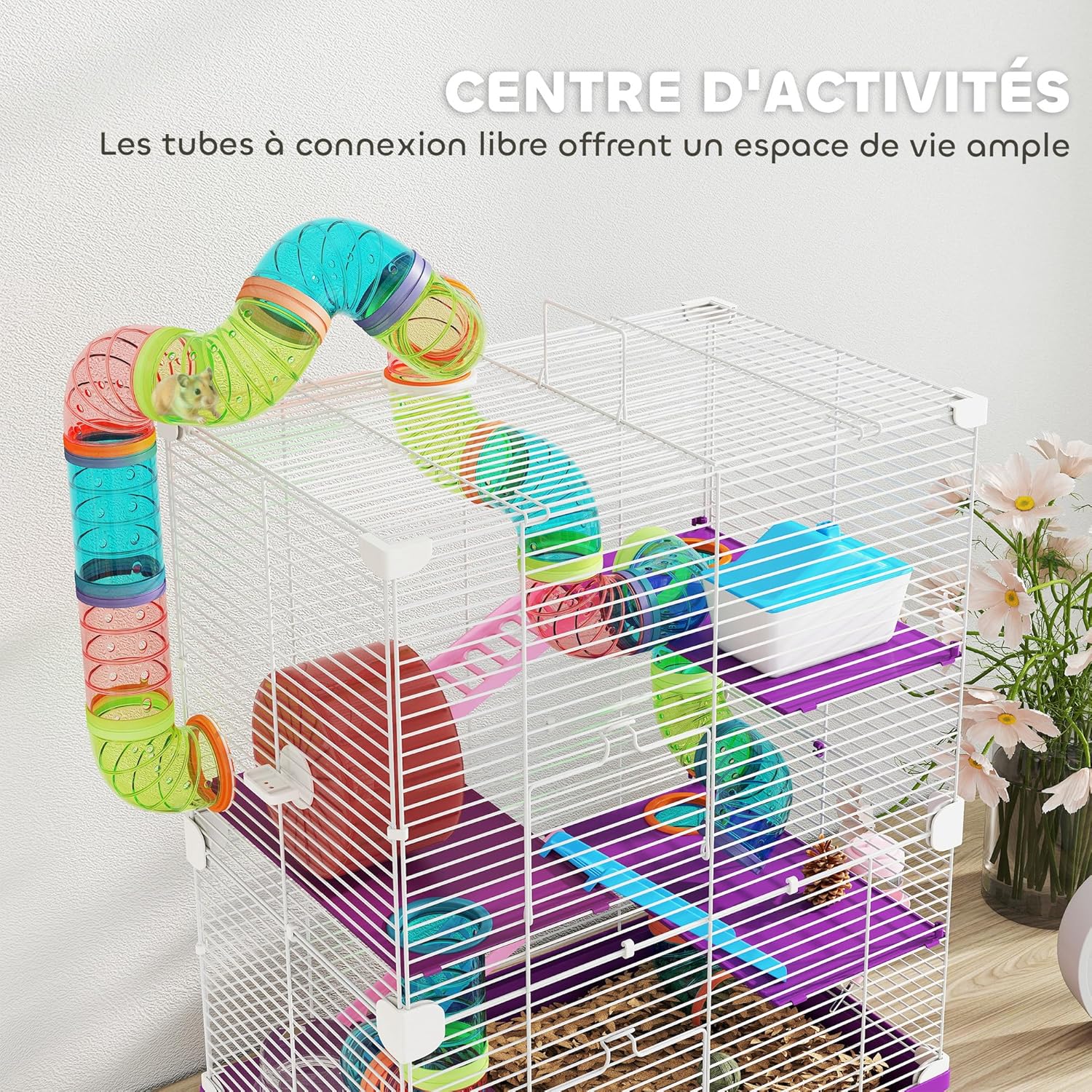 Detalle de PawHut – Cage pour hamster rongeur 4 étages avec tunnels, mangeoire, roue et échelles (46L x 30 x 58H cm)