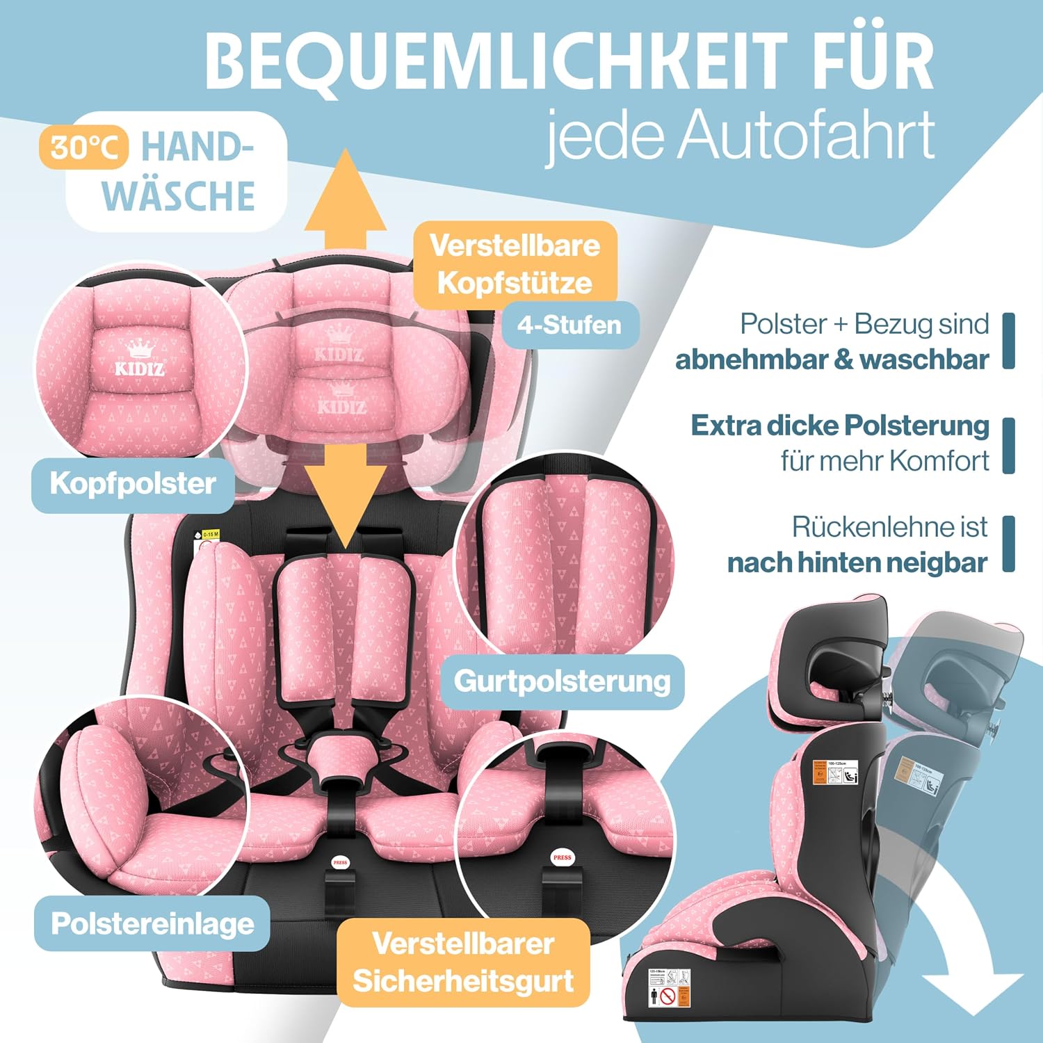 Detalle 2 de KIDIZ Autokindersitz i-Size R129 (100–150 cm) bis 12 Jahre – Gruppe 1/2/3 ohne Isofix, 5-Punkt-Gurt, Rosa