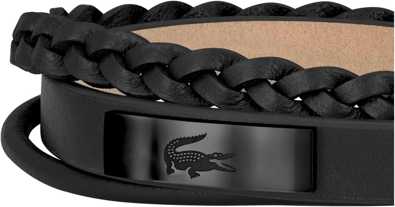 Thumbnail 1 de Lacoste Braccialetto da Uomo Collezione FUSION: cinturino in pelle Nera o Verde con piastra in acciaio inossidabile