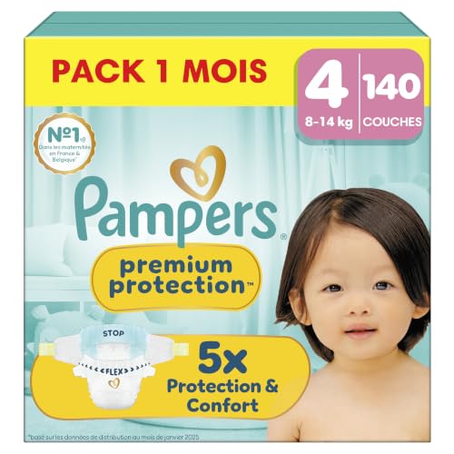 Pampers Premium Protection Taille 4, 140 couches avec indicateur d’urine