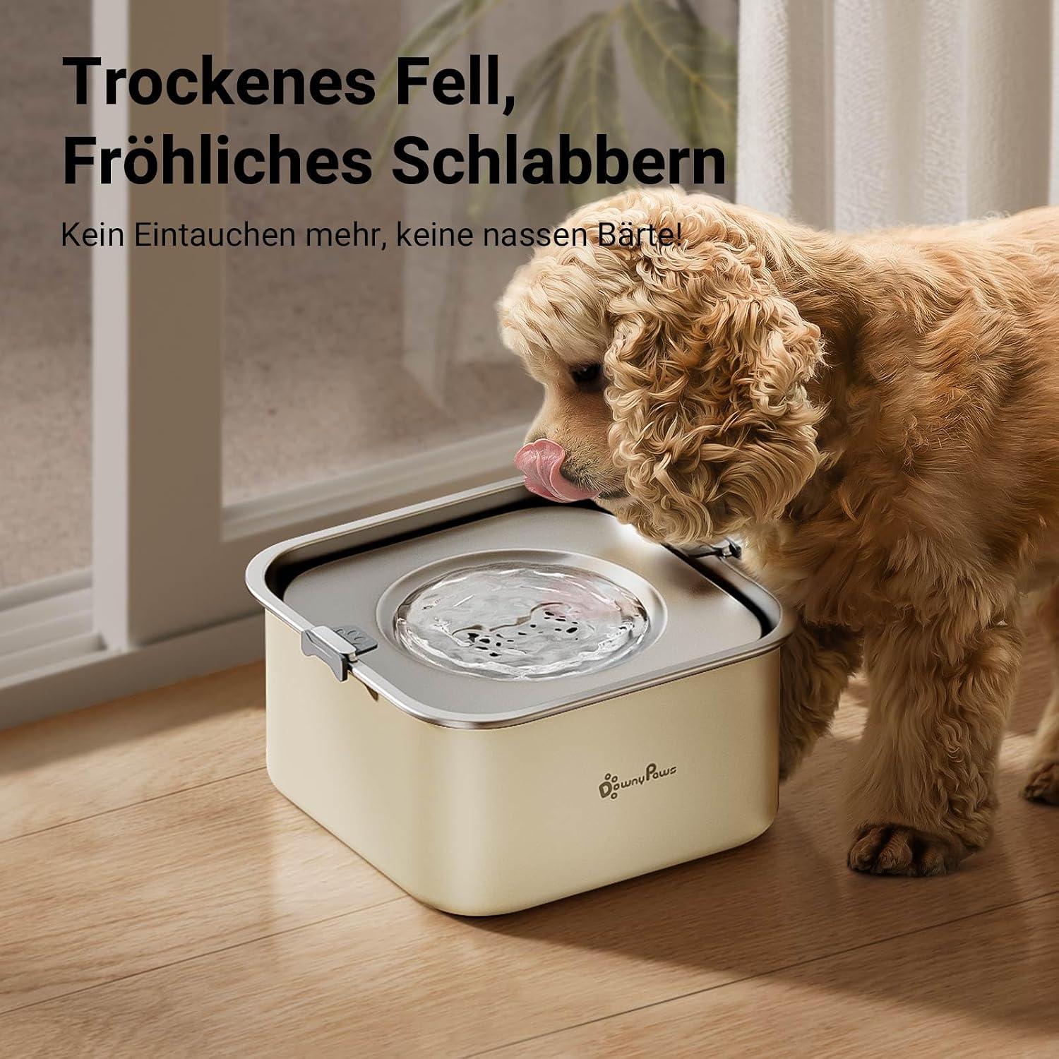 Detalle de DownyPaws Wassernapf für Hunde (ohne Sabbern), 3 L, Anti-Verschluck-Wasser, 304 Edelstahl – beige