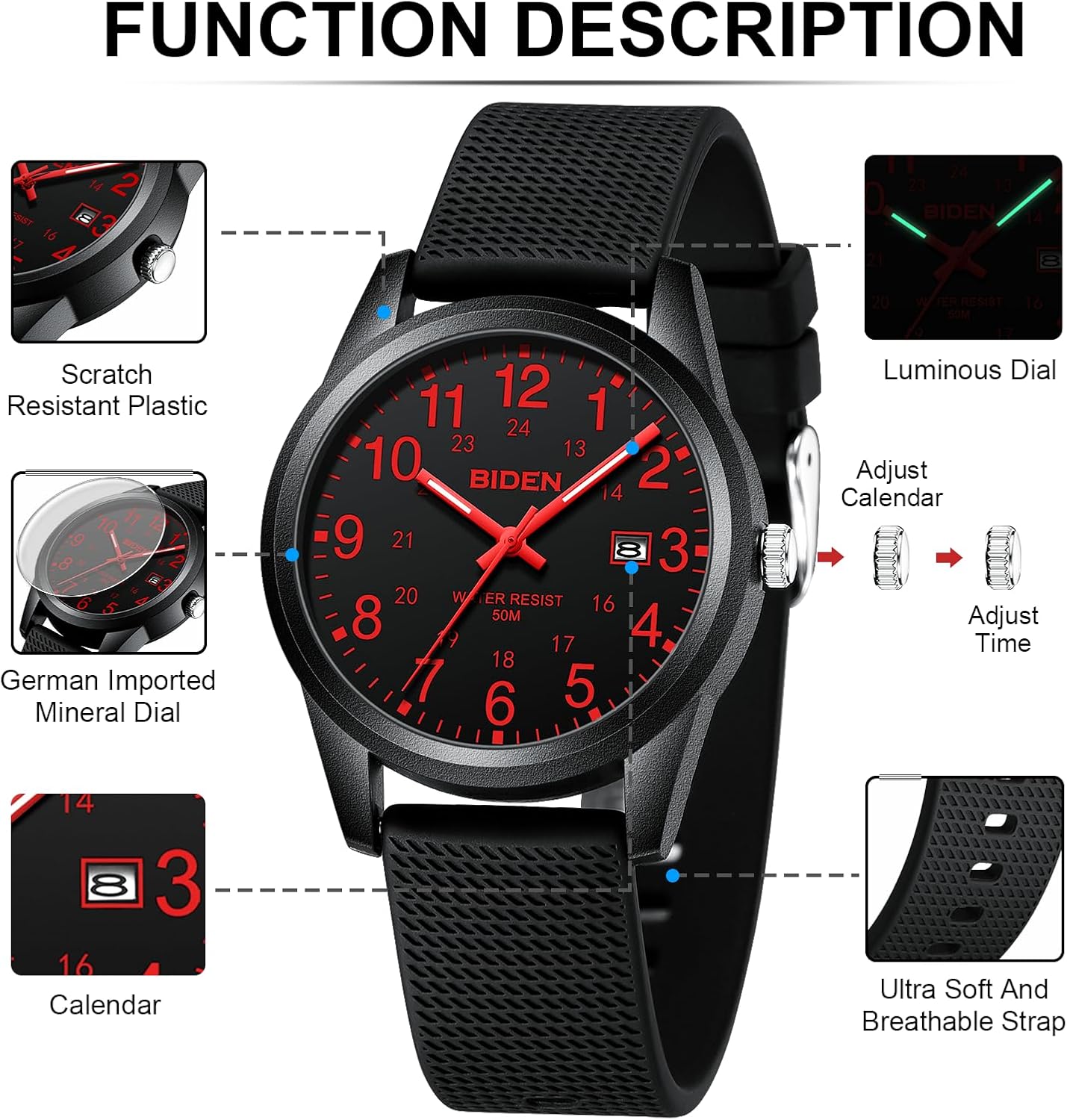 Thumbnail 6 de Herren Analog Quarz Armbanduhr mit 3 ATM Wasserdichtem Gehäuse (30 m) – 9,84" Gesamtlänge, silikonarmband