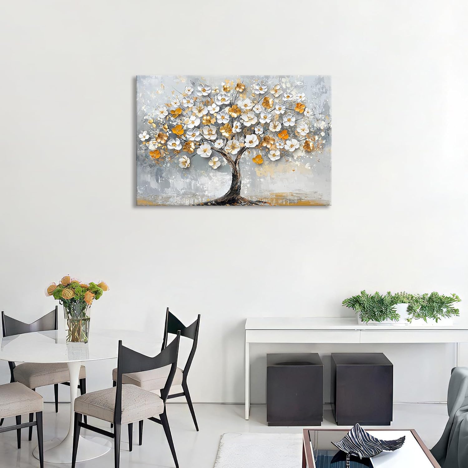 Detalle 2 de Weiß Gold Blühende Bäume – Große Leinwand mit Rahmen 120x80 cm