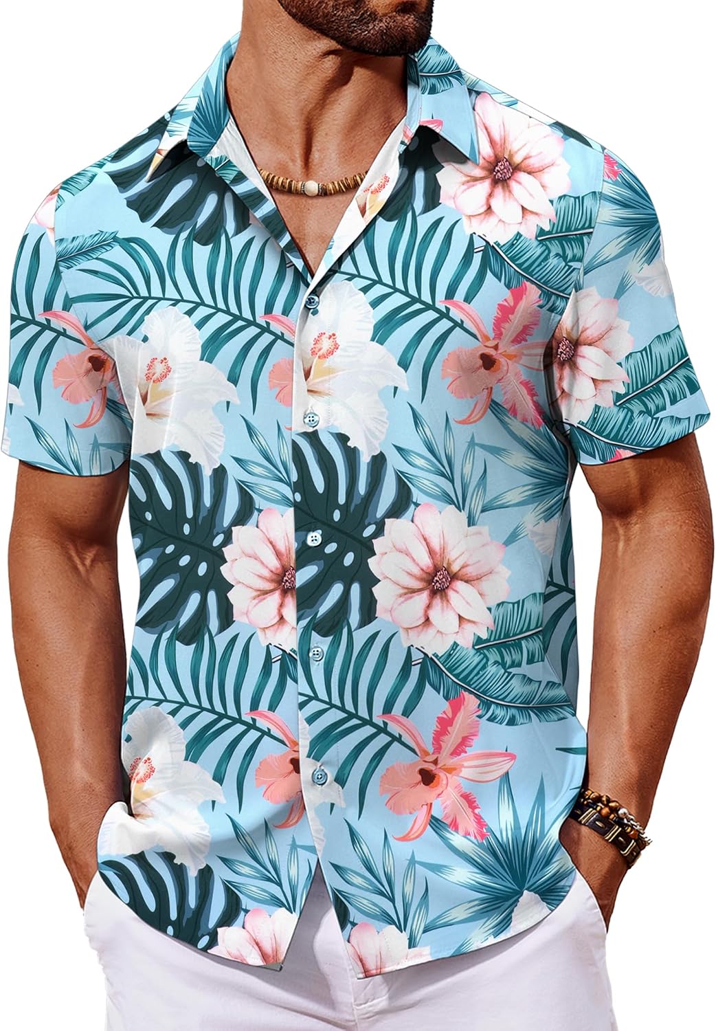 Detalle de COOFANDY Hawaii Hemd Männer – Sommerhemd Kurzarm mit Hawaii-Print und Strandlook