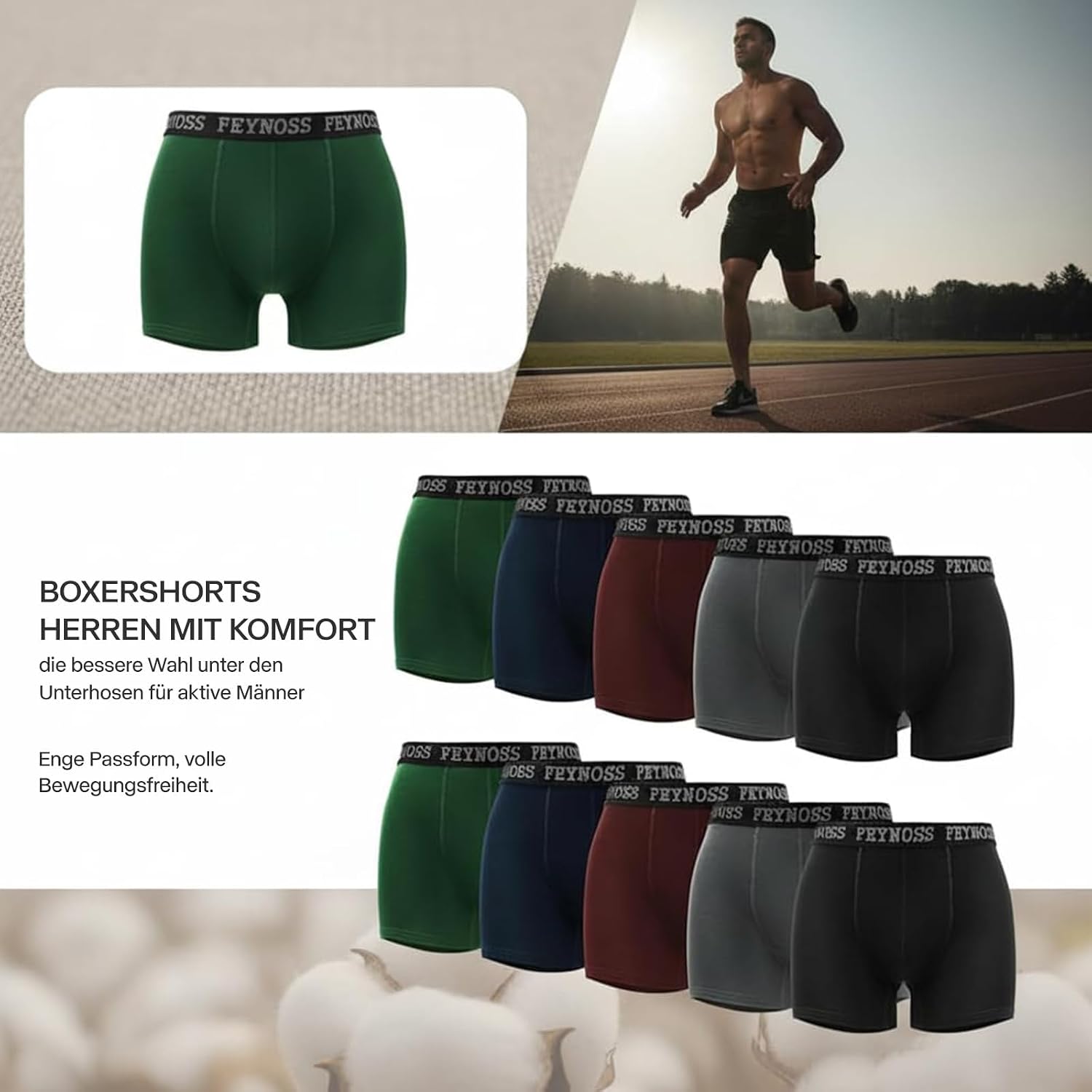 Detalle de feynoss Boxershorts Herren 10er Pack – atmungsaktive Baumwolle, etikettenlos, elastischer Bund