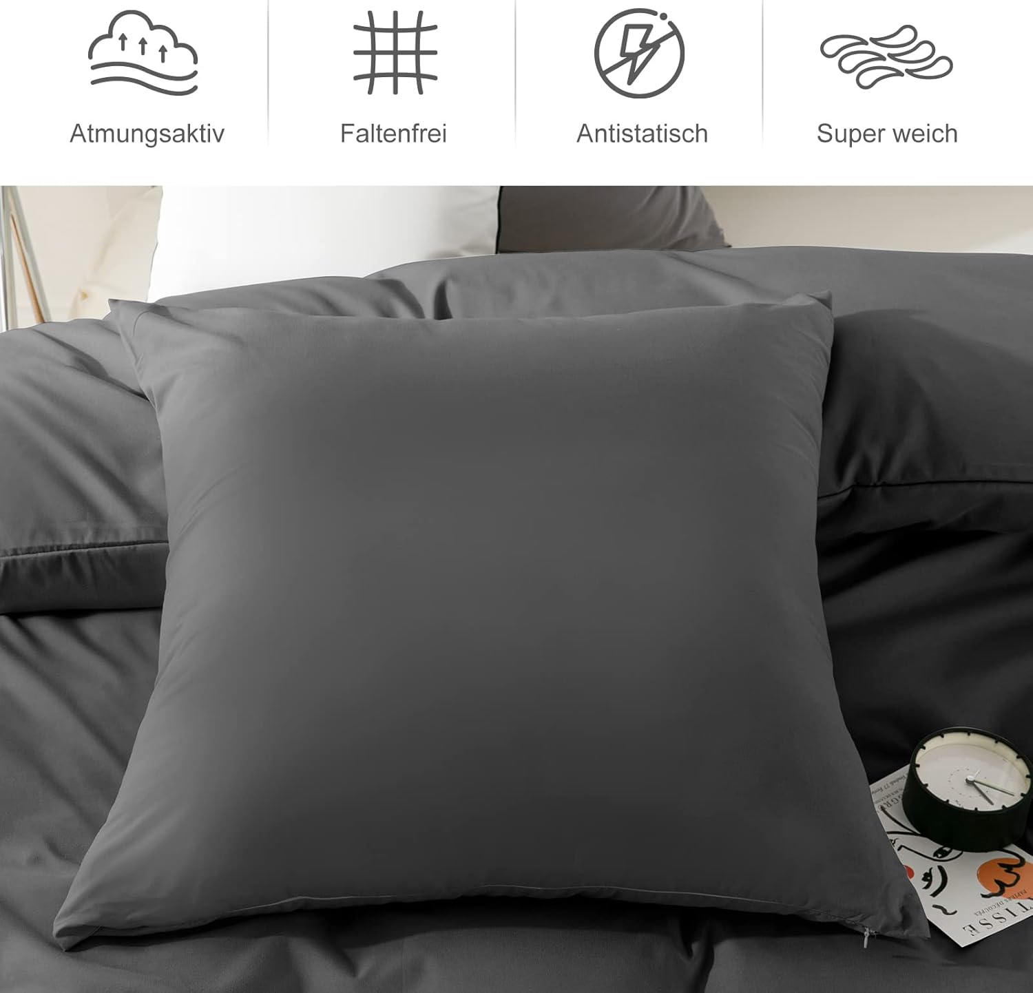 Thumbnail 1 de REDKEY Kissenbezug 40x80 cm (2er-Set) mit Reißverschluss – gebürstete Mikrofaserhülle in Anthrazit