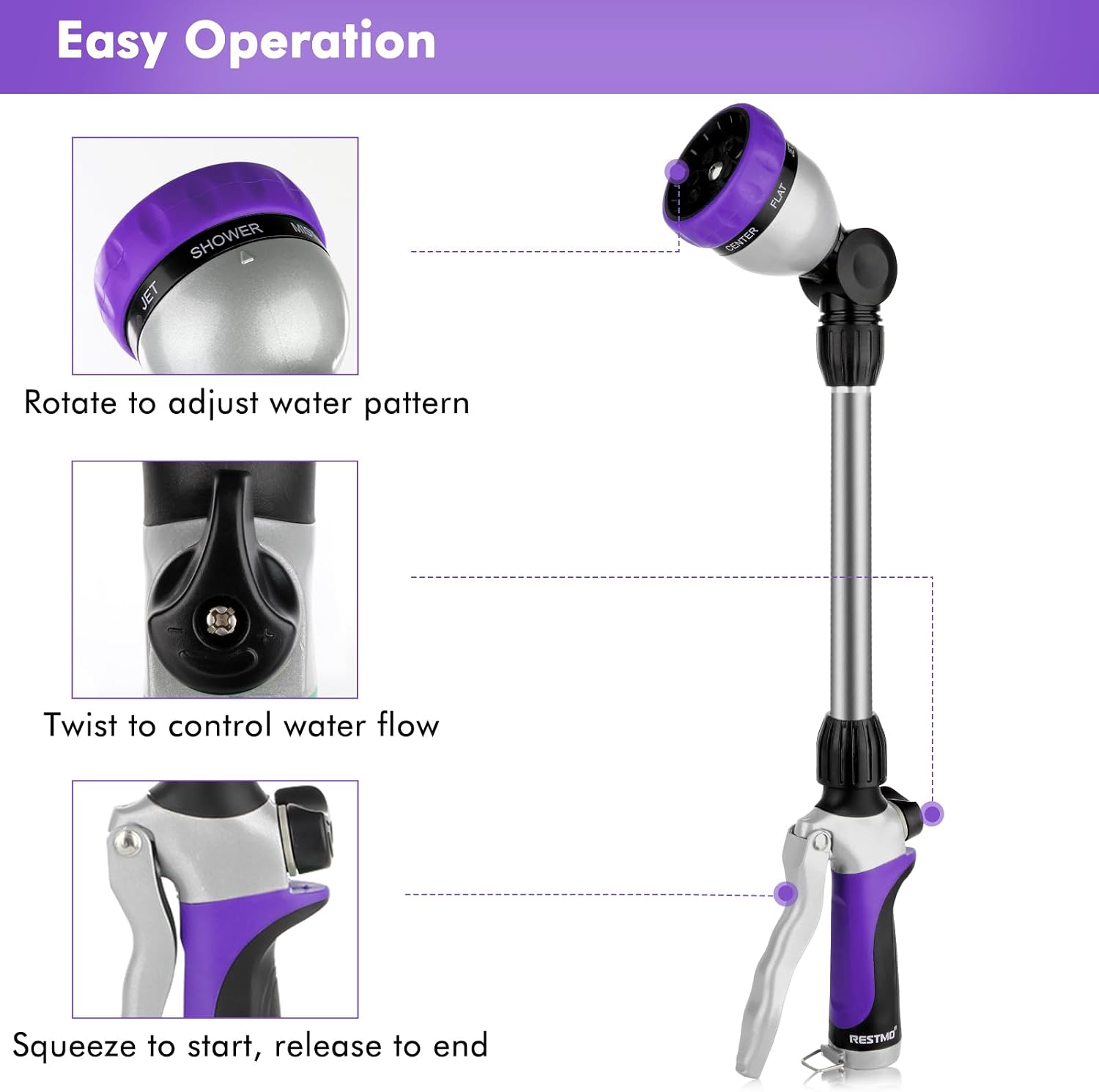 Detalle de RESTMO 16-Inch Metal Hose Wand with 180° Swivel Head and 7 Spray Patterns