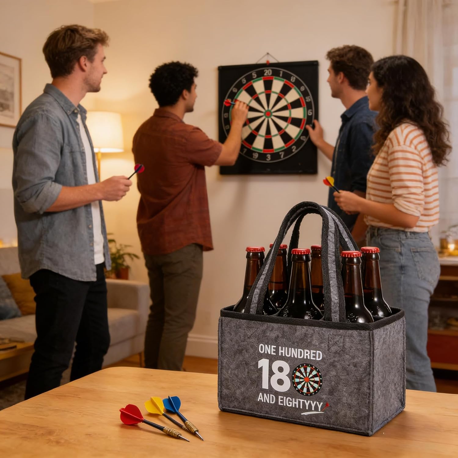 Detalle de KHstylehoo Dart-Geschenktasche aus Filz „ONE HUNDRED AND EIGHTYYY“ – Flaschenhandtasche für Dartfans